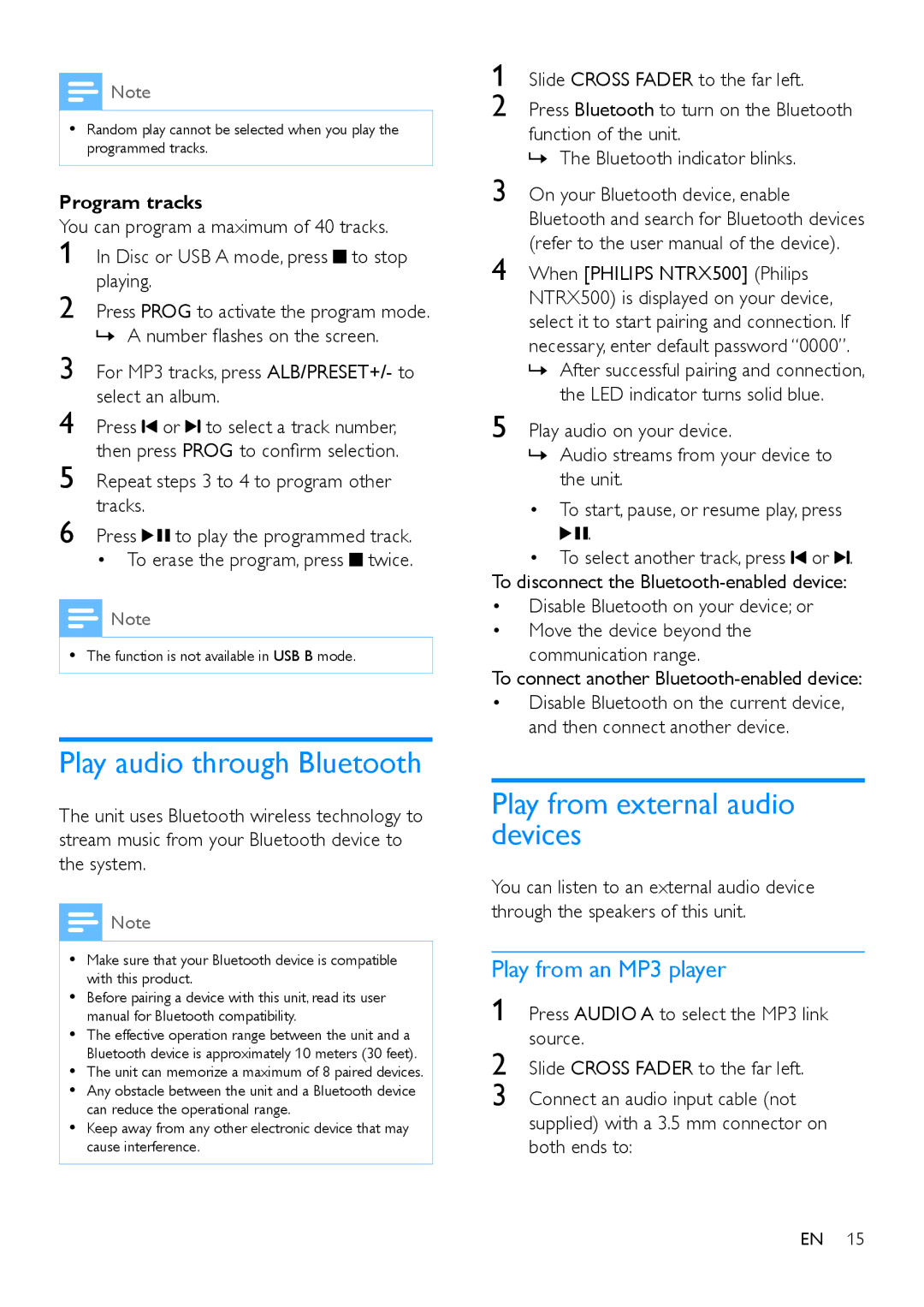 Philips NTRX500 user manual Play audio through Bluetooth, Play from external audio devices, Play from an MP3 player 