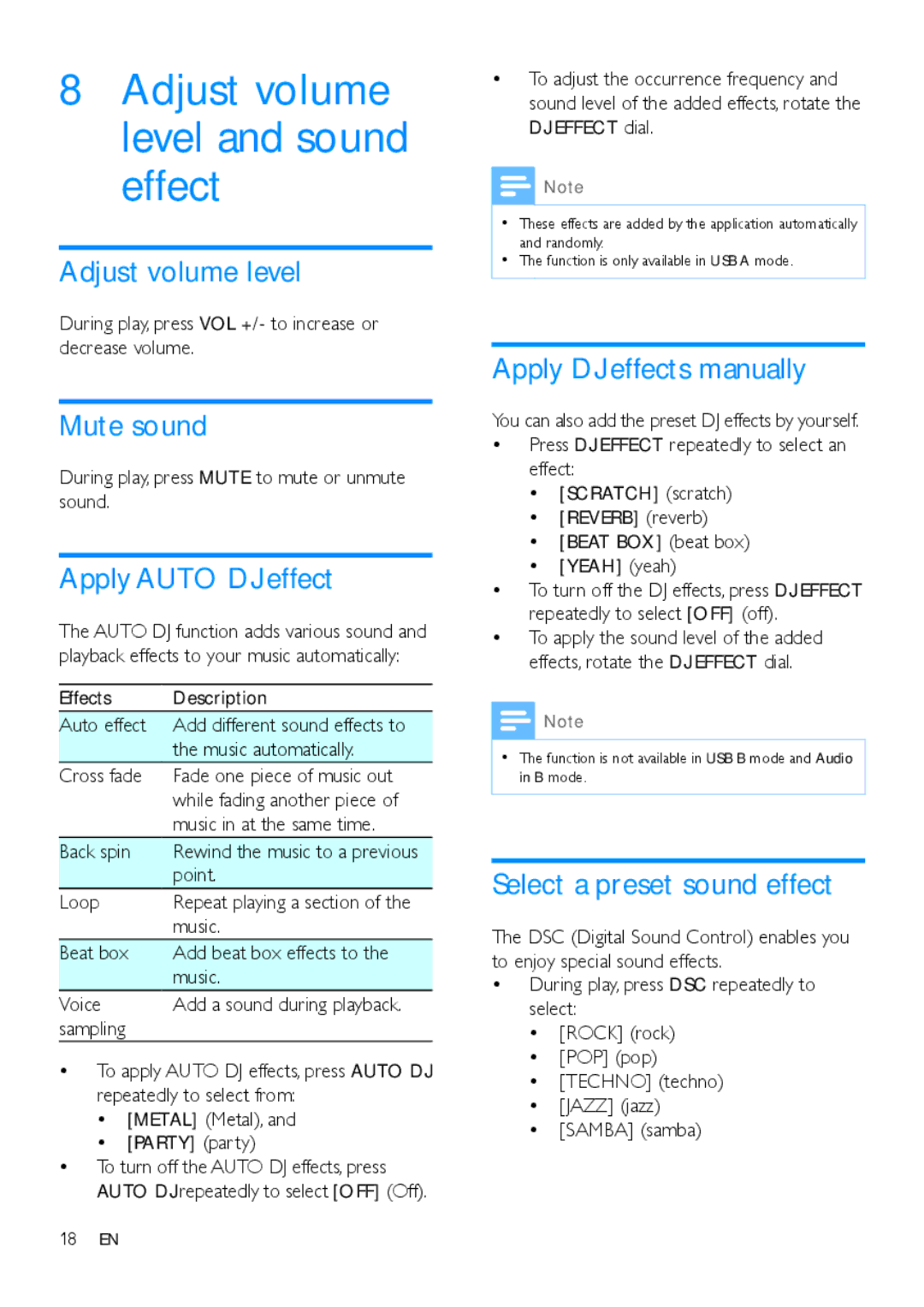 Philips NTRX500 user manual Adjust volume level and sound effect 