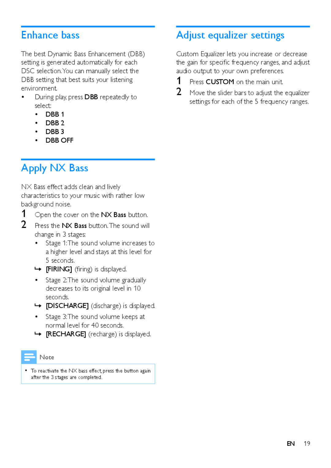 Philips NTRX500 user manual Enhance bass, Apply NX Bass, During play, press DBB repeatedly to select 