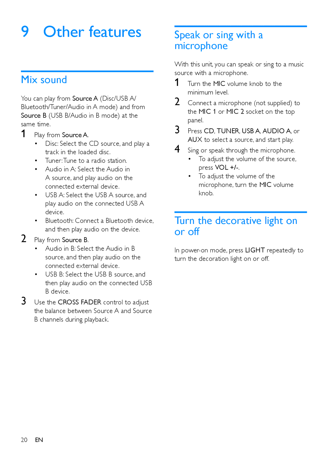 Philips NTRX500 user manual Other features, Mix sound, Speak or sing with a microphone, Turn the decorative light on or off 