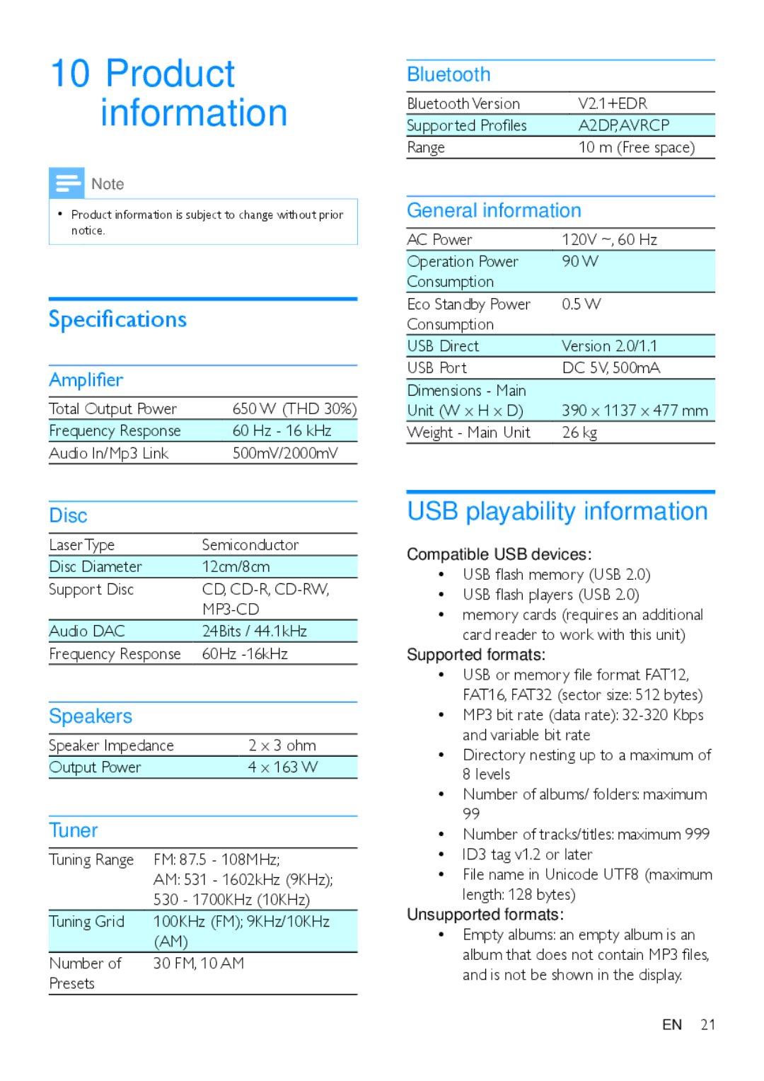 Philips NTRX500 user manual Product information, Specifications, USB playability information 