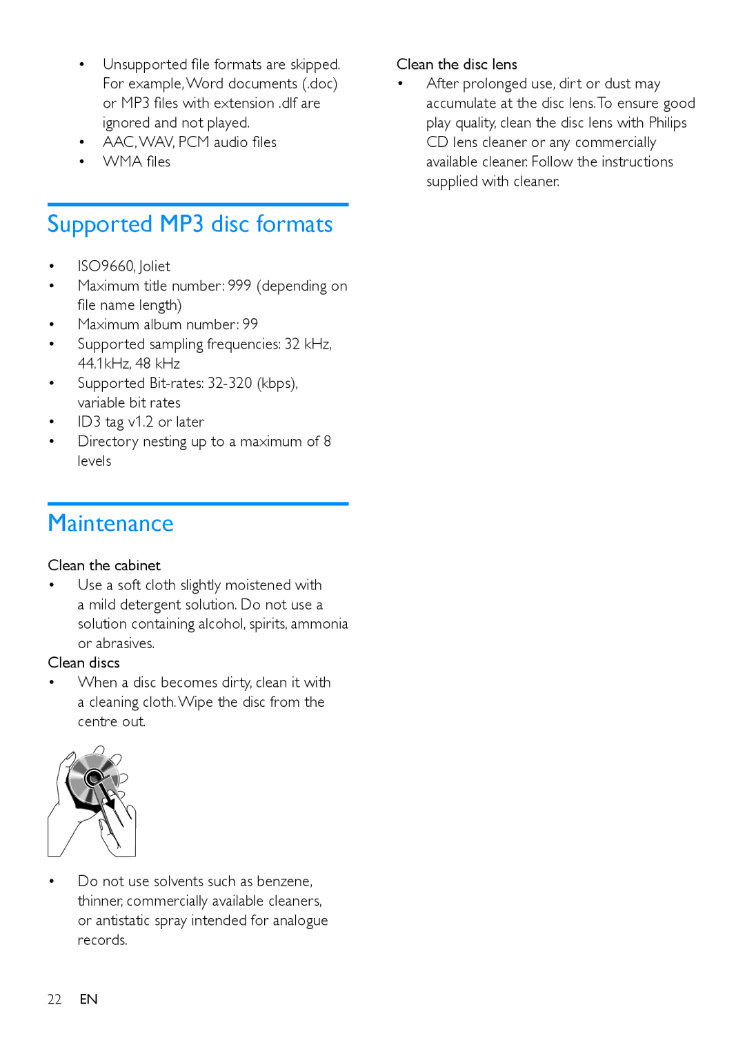 Philips NTRX500 Supported MP3 disc formats, Maintenance, Unsupported file formats are skipped, Clean the disc lens 