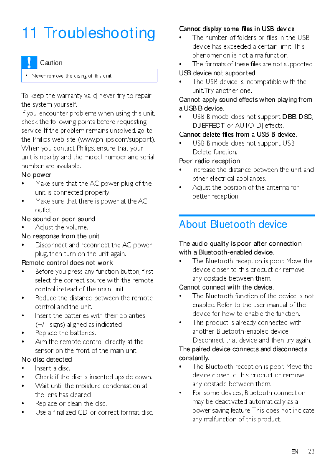 Philips NTRX500 user manual Troubleshooting, About Bluetooth device, Remote control does not work, Replace the batteries 