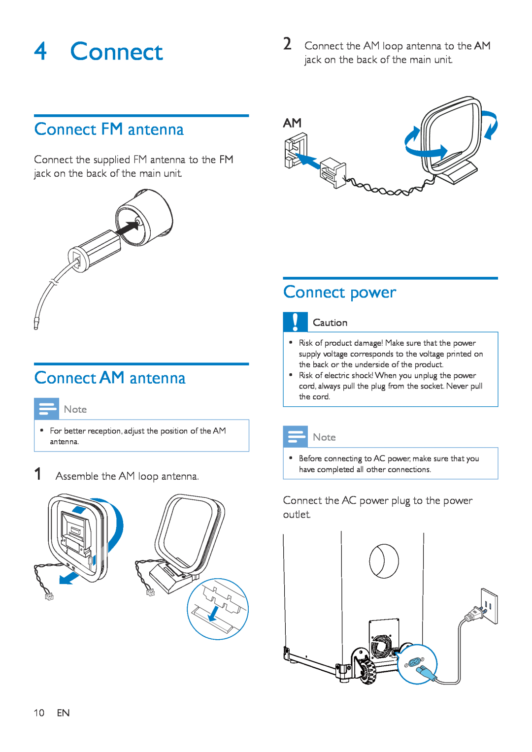Philips NTRX500 user manual Connect FM antenna, Connect AM antenna, Connect power 