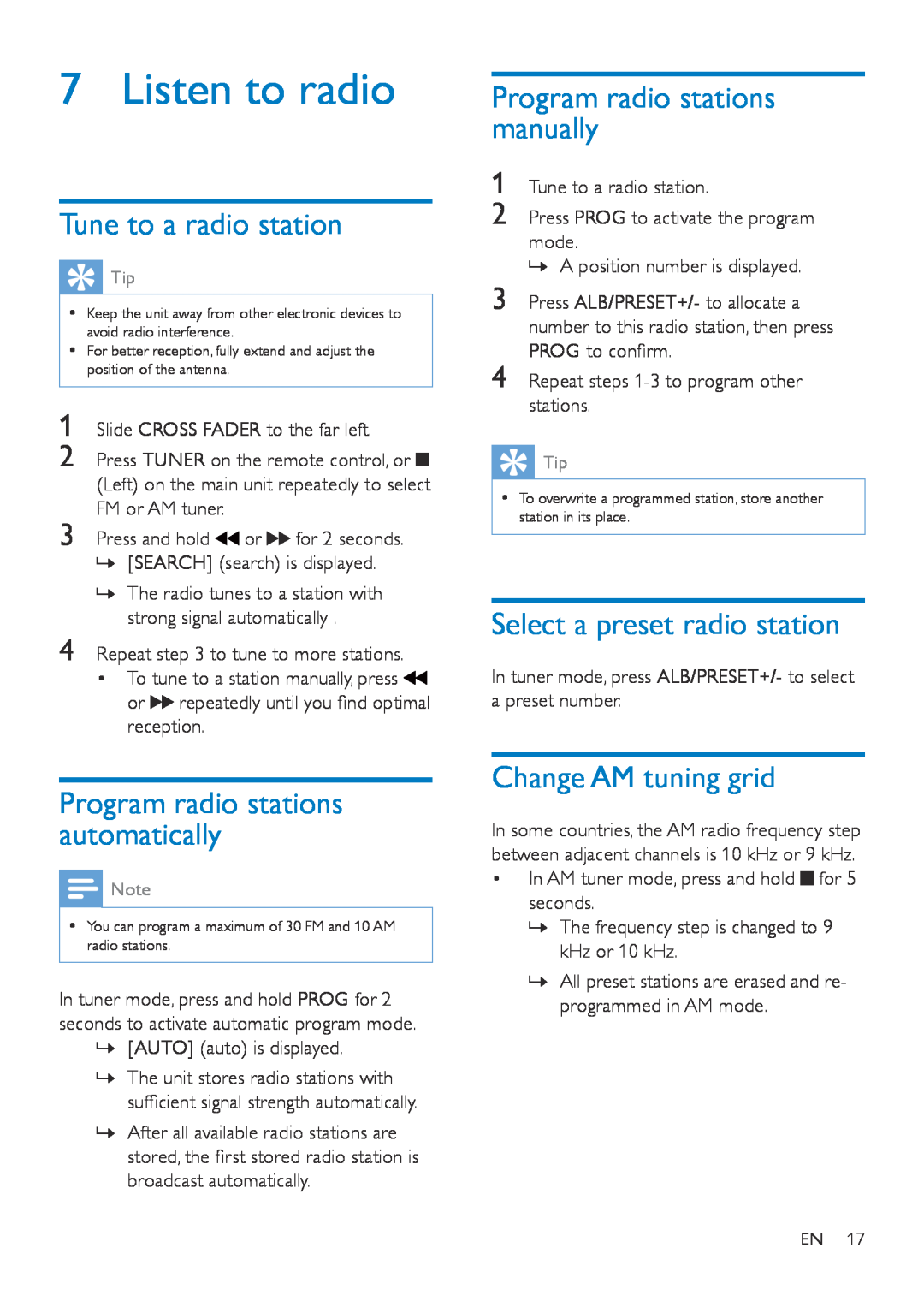 Philips NTRX500 Listen to radio, Tune to a radio station, Program radio stations automatically, Change AM tuning grid 