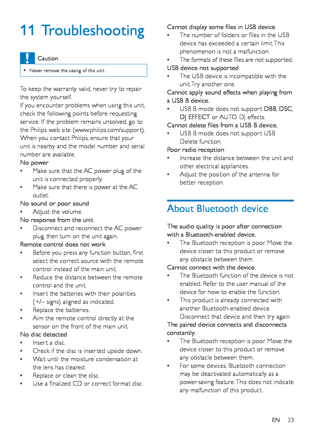 Philips NTRX500 user manual Troubleshooting, About Bluetooth device 