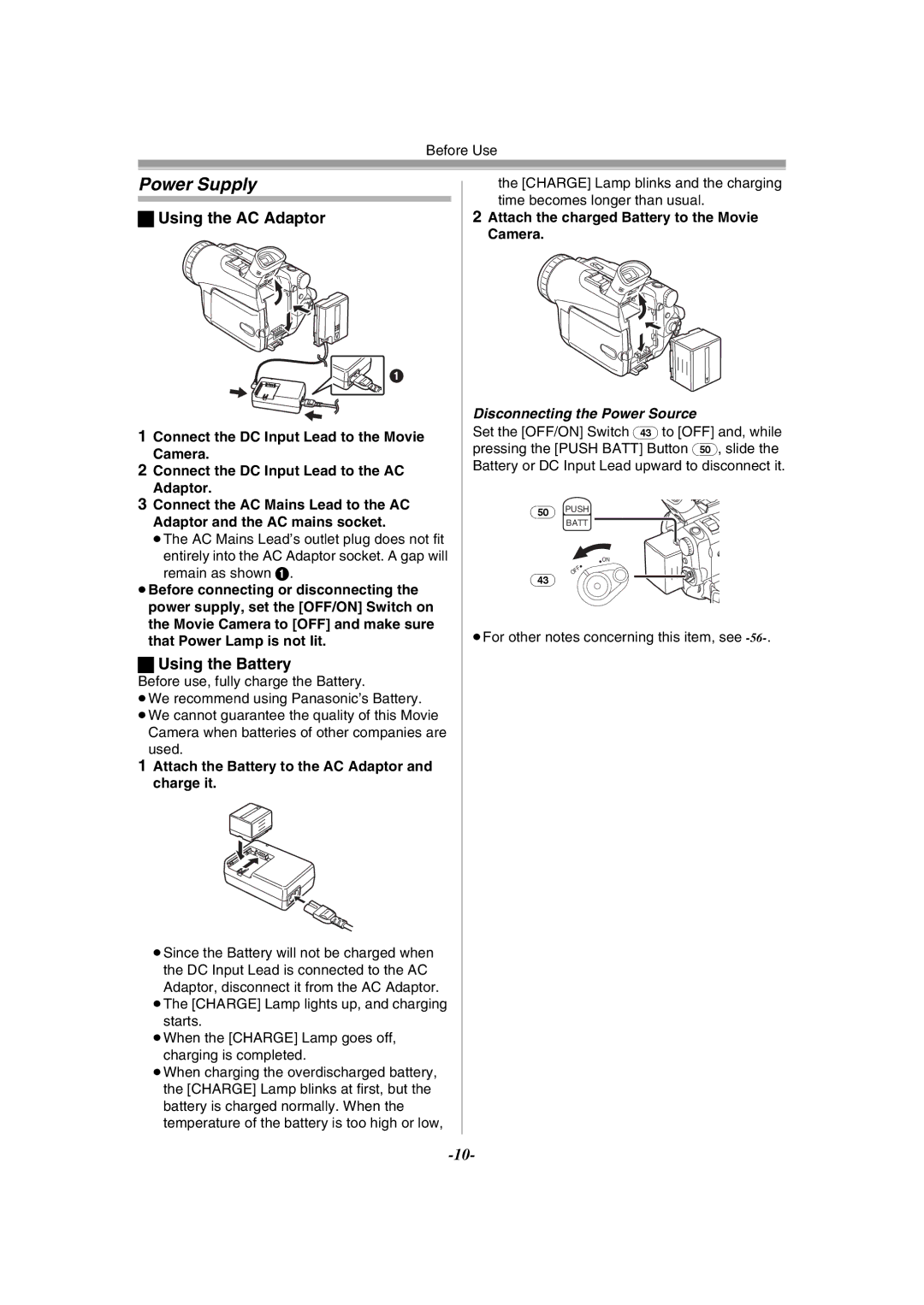 Philips NV-GS120EB Power Supply, Using the AC Adaptor, Using the Battery, Disconnecting the Power Source 