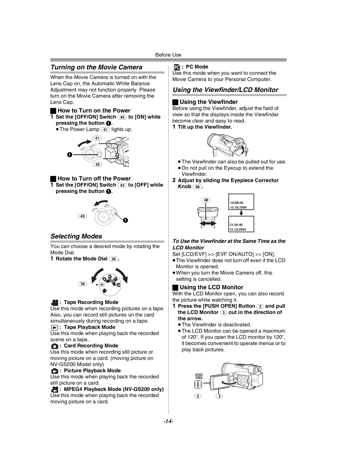 Philips NV-GS120EB operating instructions Turning on the Movie Camera, Selecting Modes, Using the Viewfinder/LCD Monitor 