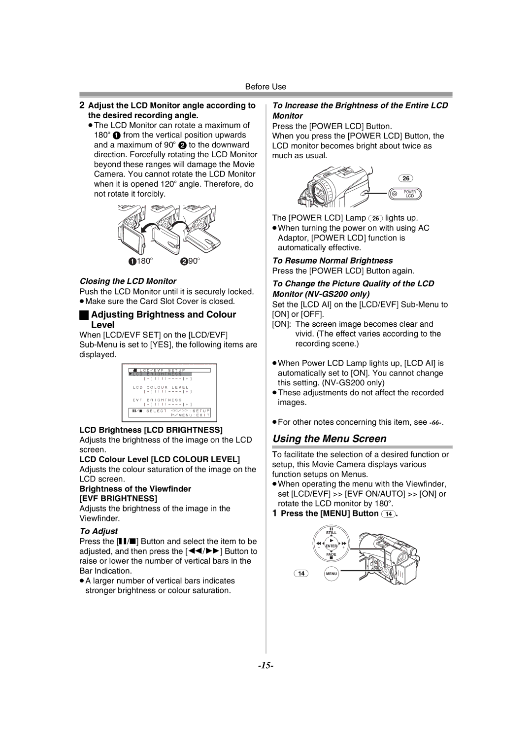 Philips NV-GS120EB operating instructions Using the Menu Screen, Adjusting Brightness and Colour Level 