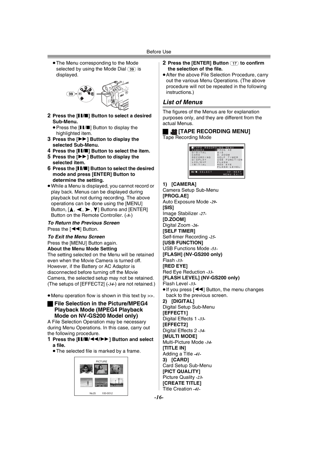 Philips NV-GS120EB operating instructions List of Menus, File Selection in the Picture/MPEG4, Playback Mode MPEG4 Playback 