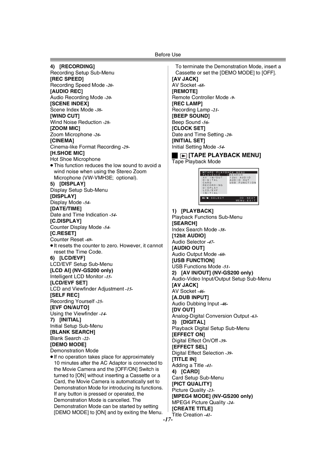 Philips NV-GS120EB operating instructions Tape Playback Menu 