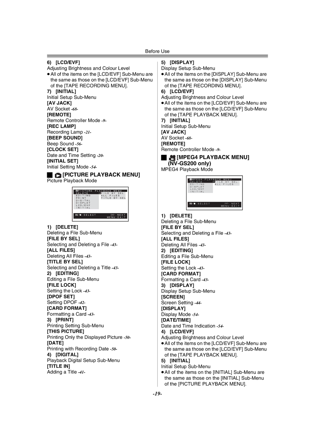 Philips NV-GS120EB operating instructions Picture Playback Menu, MPEG4 Playback Menu NV-GS200 only 