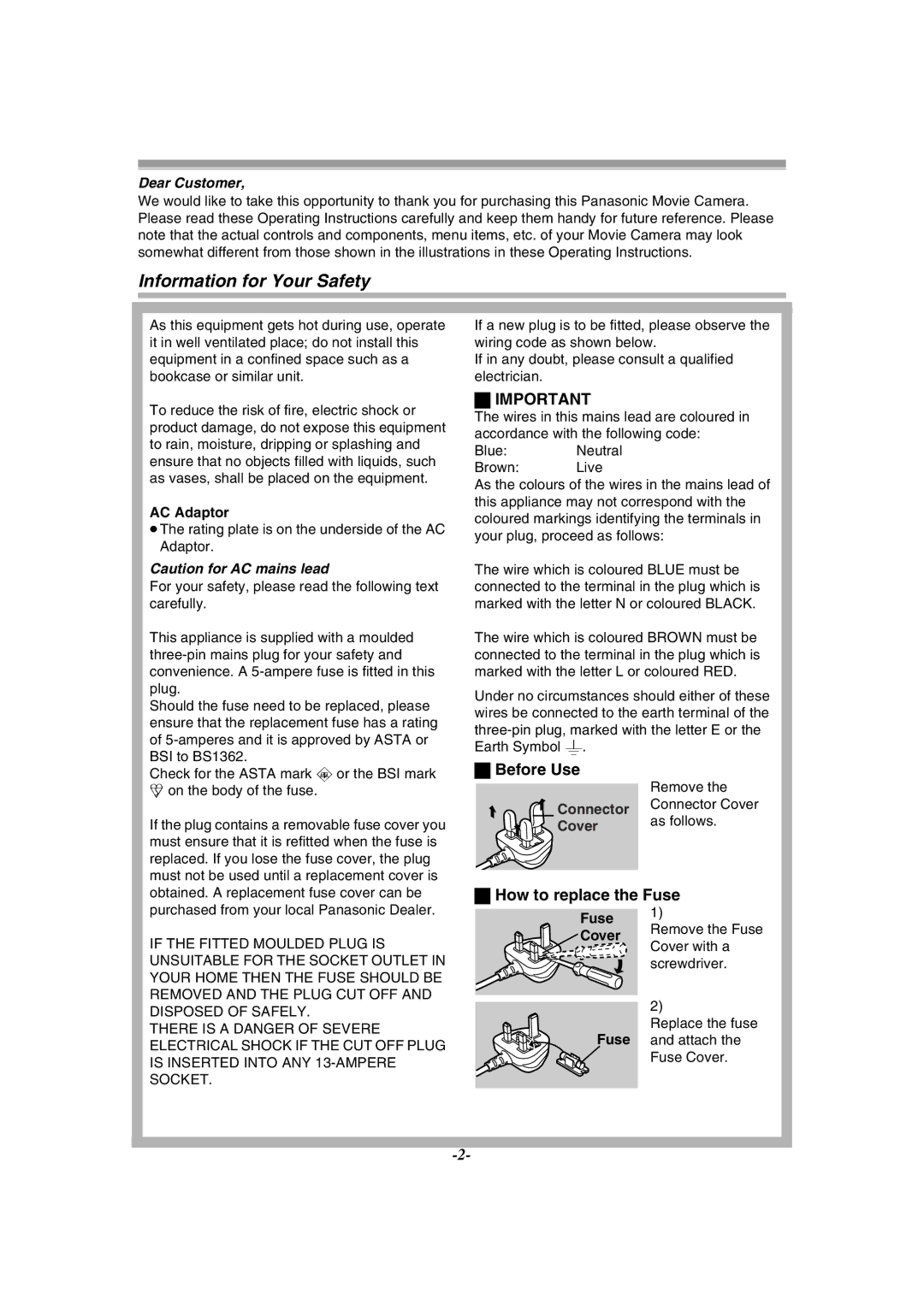 Philips NV-GS120EB operating instructions Information for Your Safety, Before Use, How to replace the Fuse, Dear Customer 