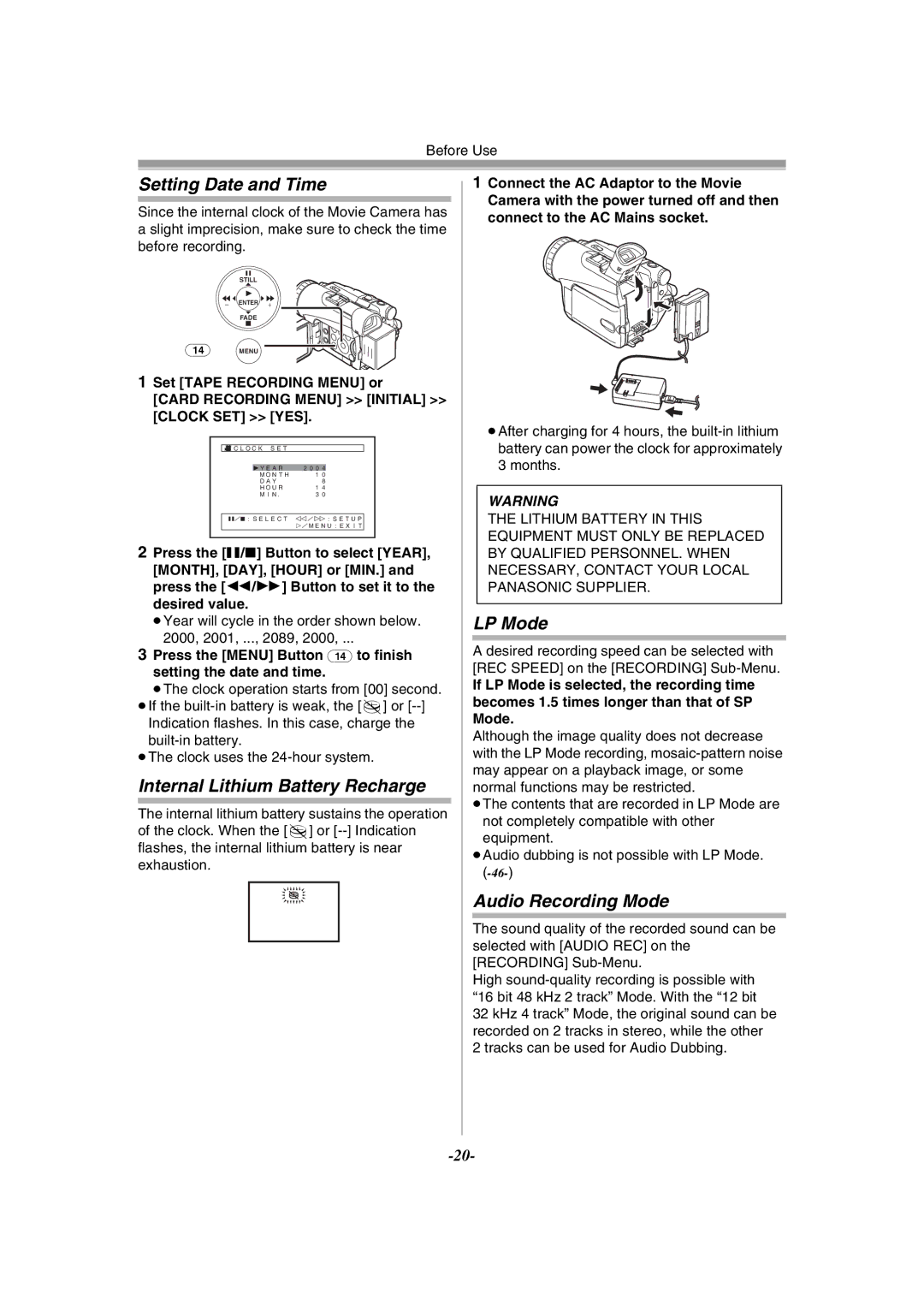 Philips NV-GS120EB Setting Date and Time, Internal Lithium Battery Recharge, LP Mode, Audio Recording Mode 