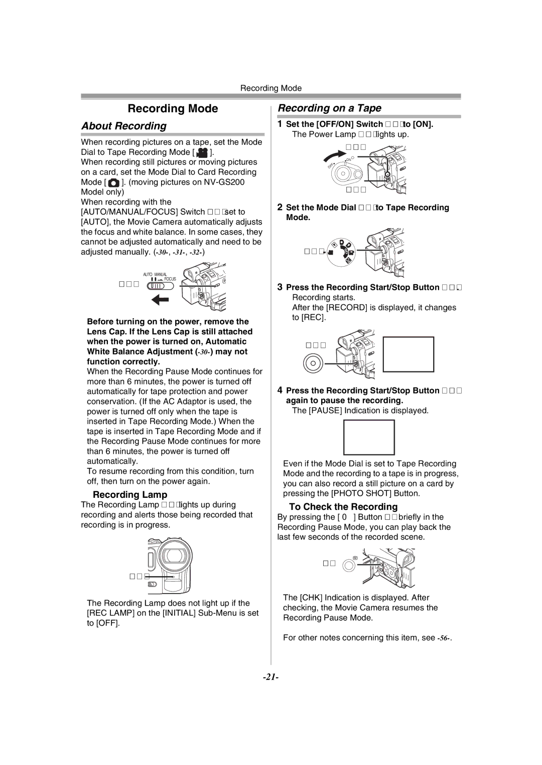 Philips NV-GS120EB operating instructions About Recording, Recording on a Tape, Recording Lamp, To Check the Recording 