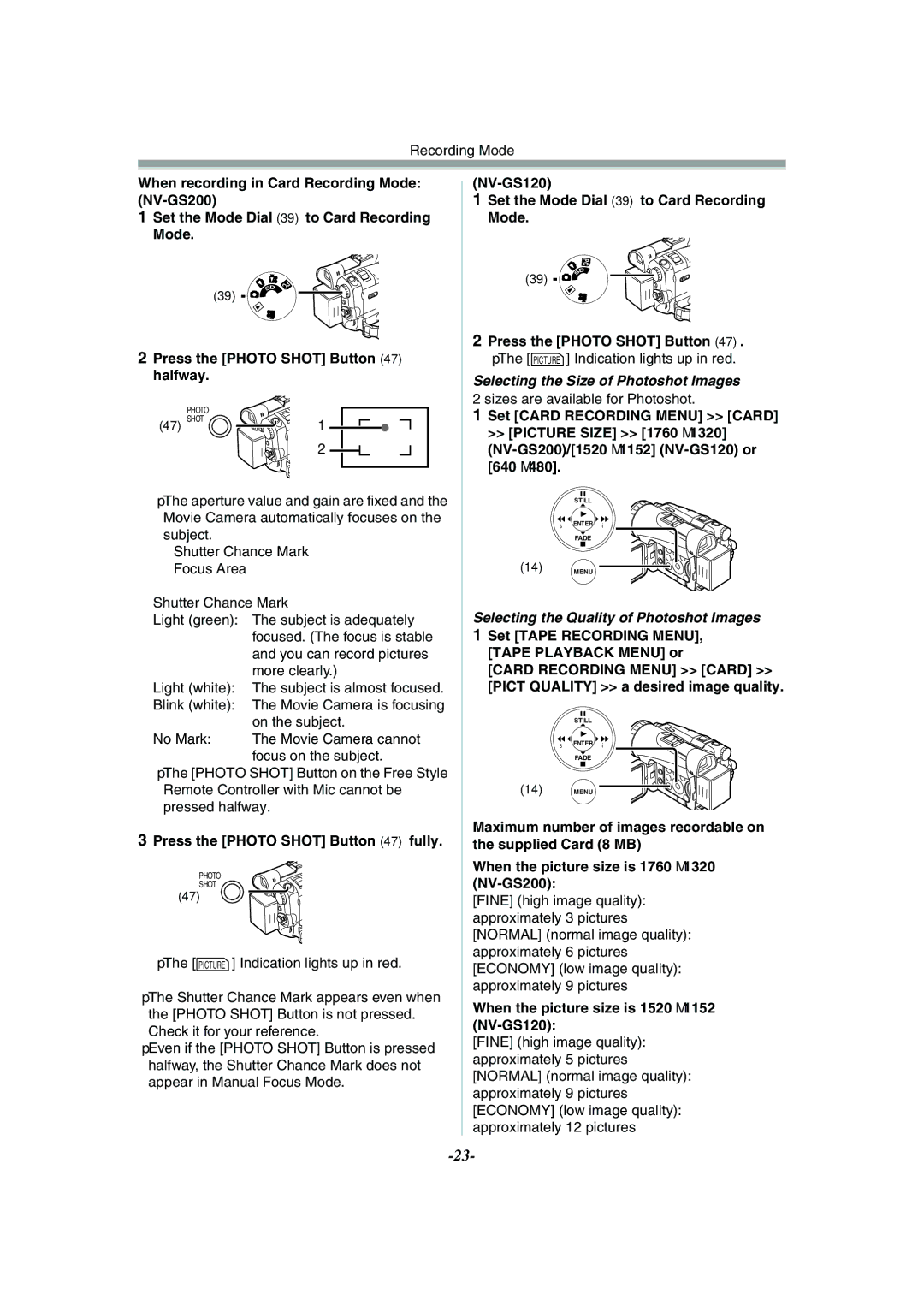 Philips NV-GS120EB operating instructions Selecting the Size of Photoshot Images, Selecting the Quality of Photoshot Images 