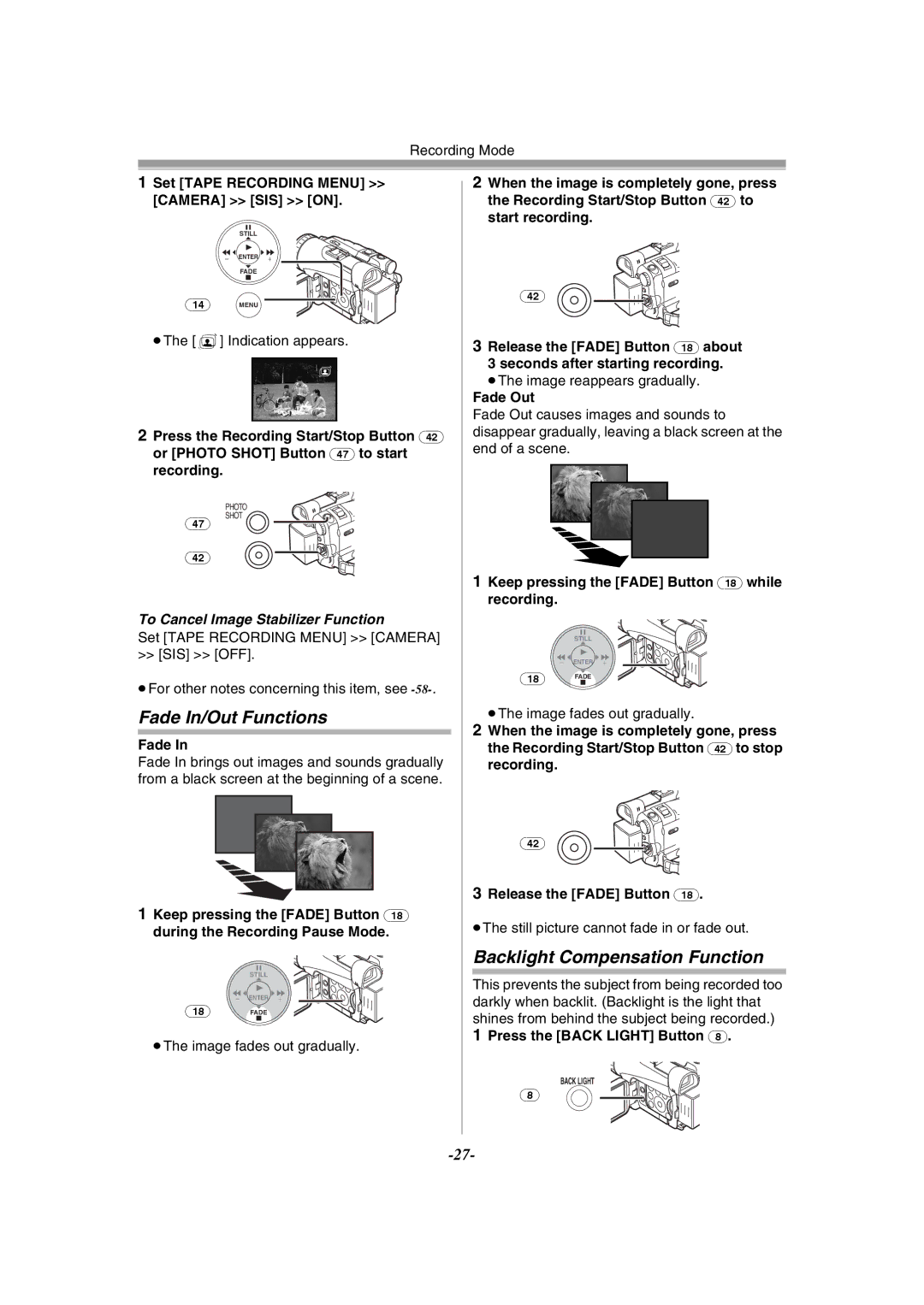 Philips NV-GS120EB Fade In/Out Functions, Backlight Compensation Function, To Cancel Image Stabilizer Function 