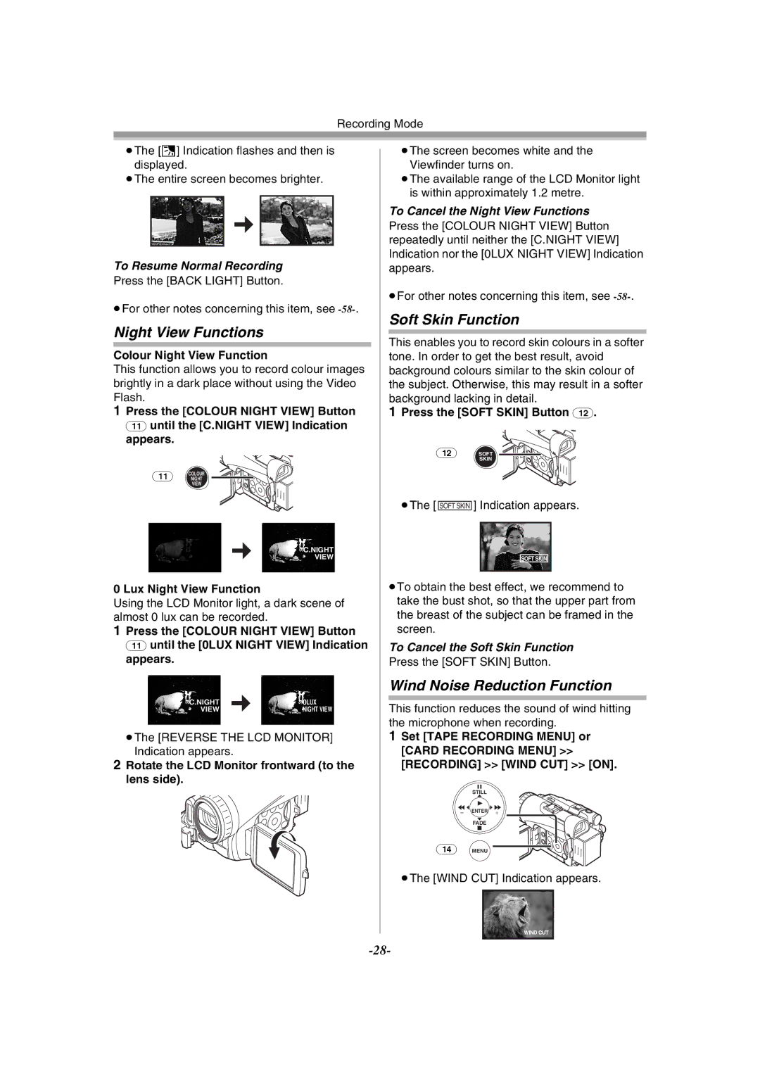 Philips NV-GS120EB operating instructions Night View Functions, Soft Skin Function, Wind Noise Reduction Function 