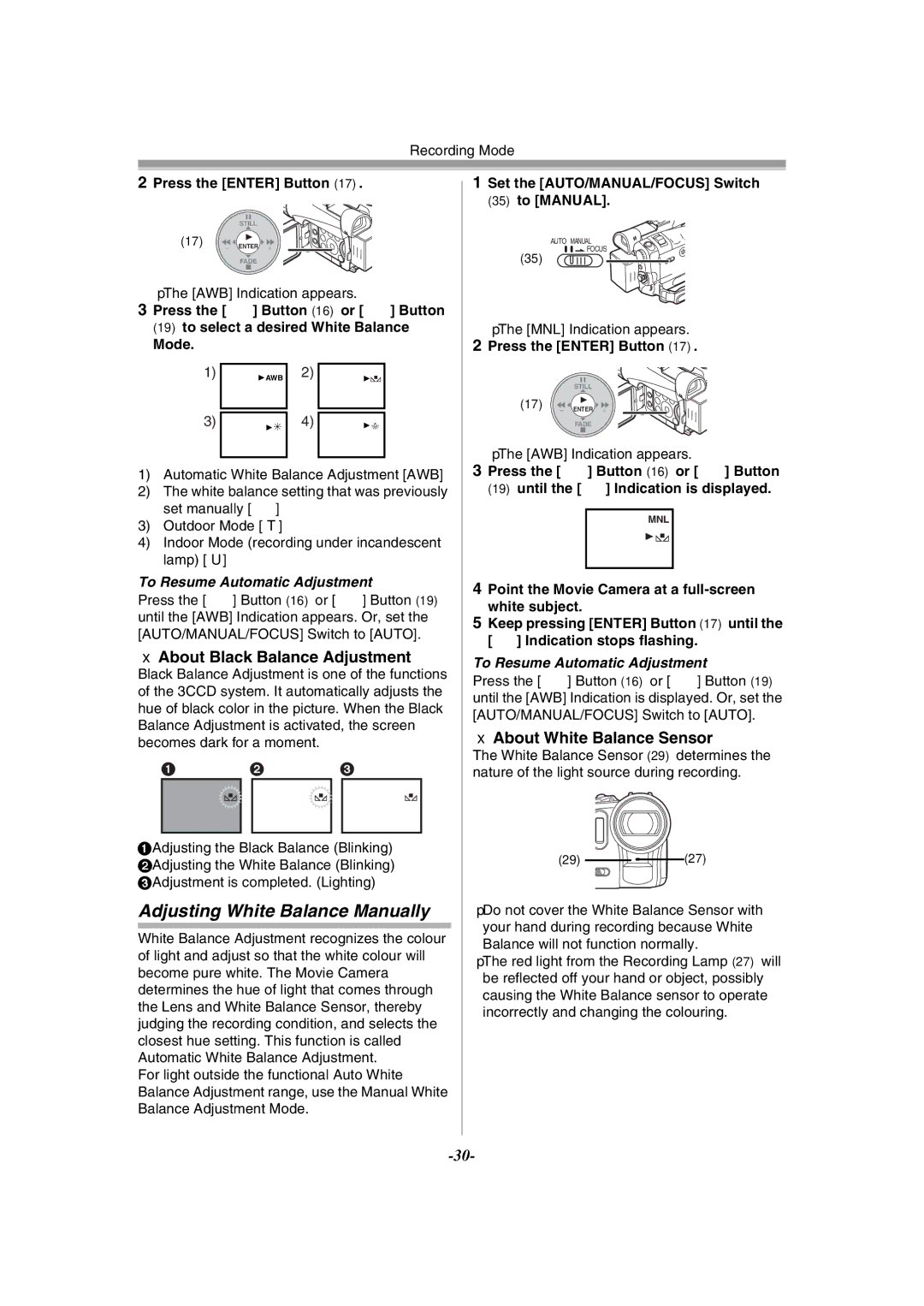 Philips NV-GS120EB Adjusting White Balance Manually, About Black Balance Adjustment, About White Balance Sensor 