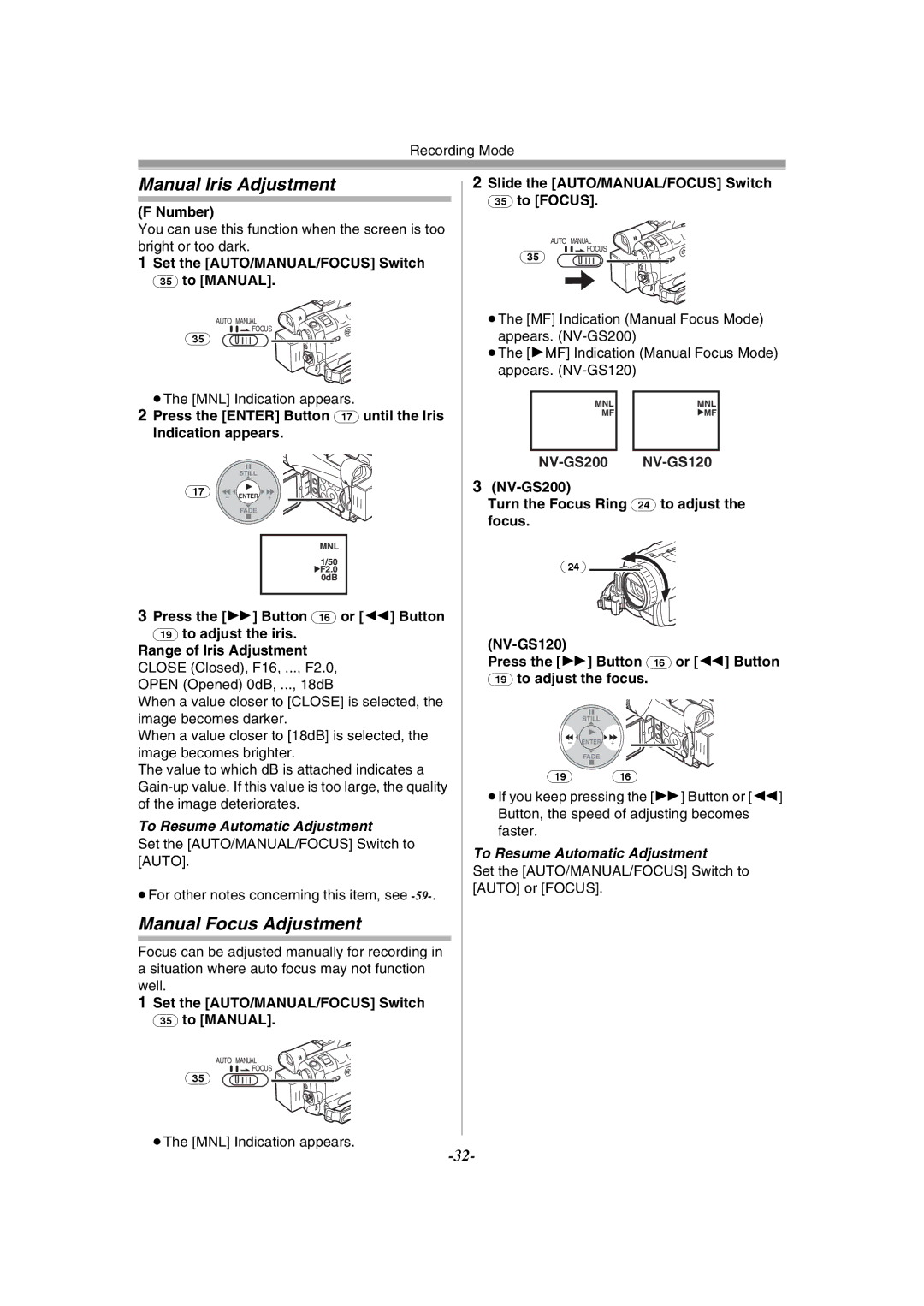 Philips NV-GS120EB Manual Iris Adjustment, Manual Focus Adjustment, Number, Slide the AUTO/MANUAL/FOCUS Switch 35 to Focus 