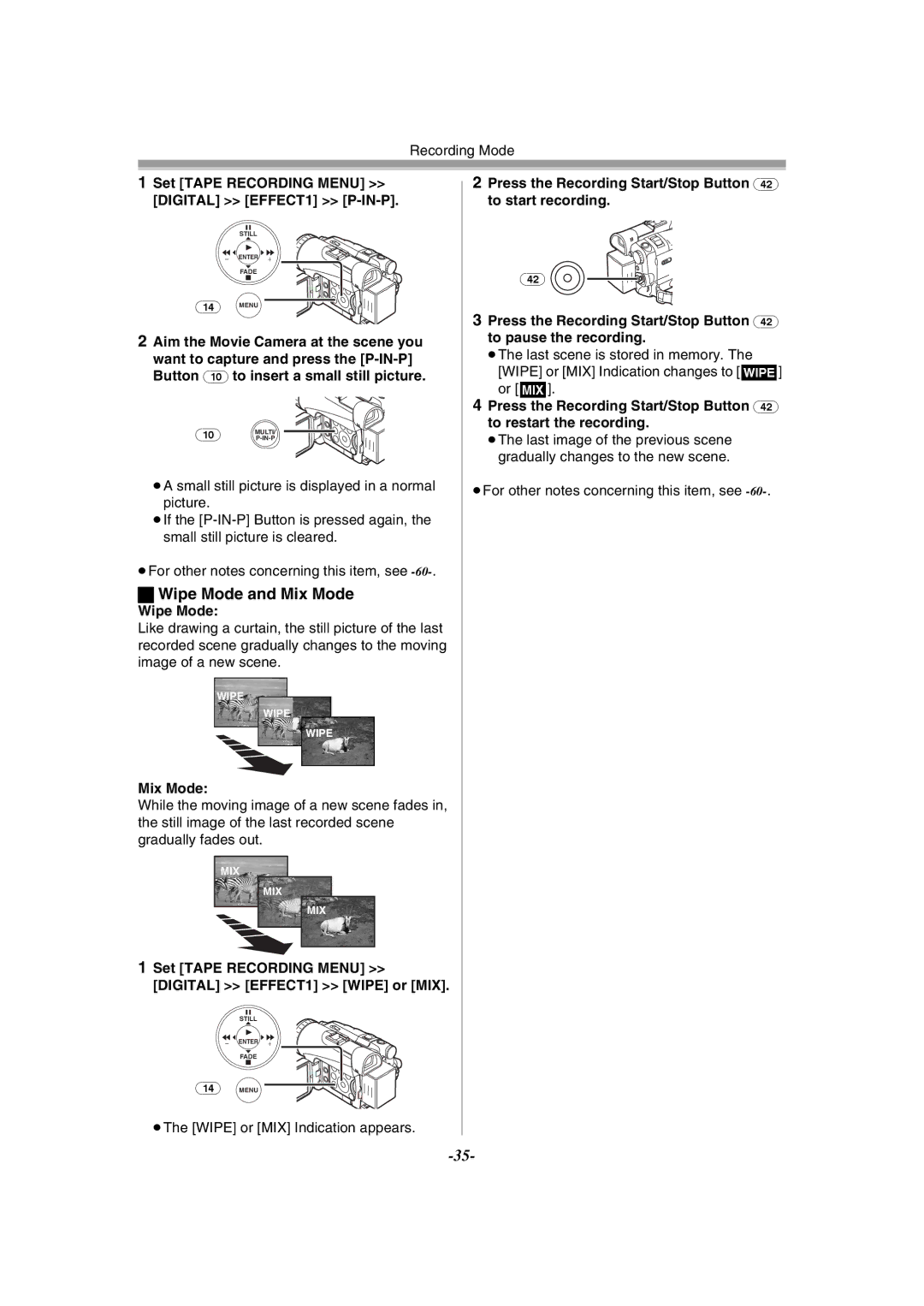 Philips NV-GS120EB operating instructions Wipe Mode and Mix Mode, Set Tape Recording Menu Digital EFFECT1 P-IN-P 