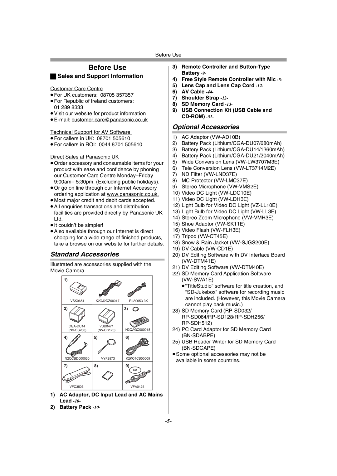 Philips NV-GS120EB operating instructions Standard Accessories, Optional Accessories, Sales and Support Information 