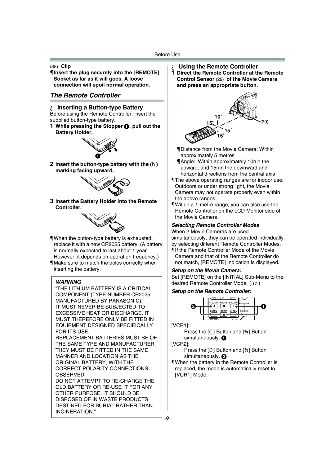 Philips NV-GS120EB operating instructions Inserting a Button-type Battery, Using the Remote Controller 