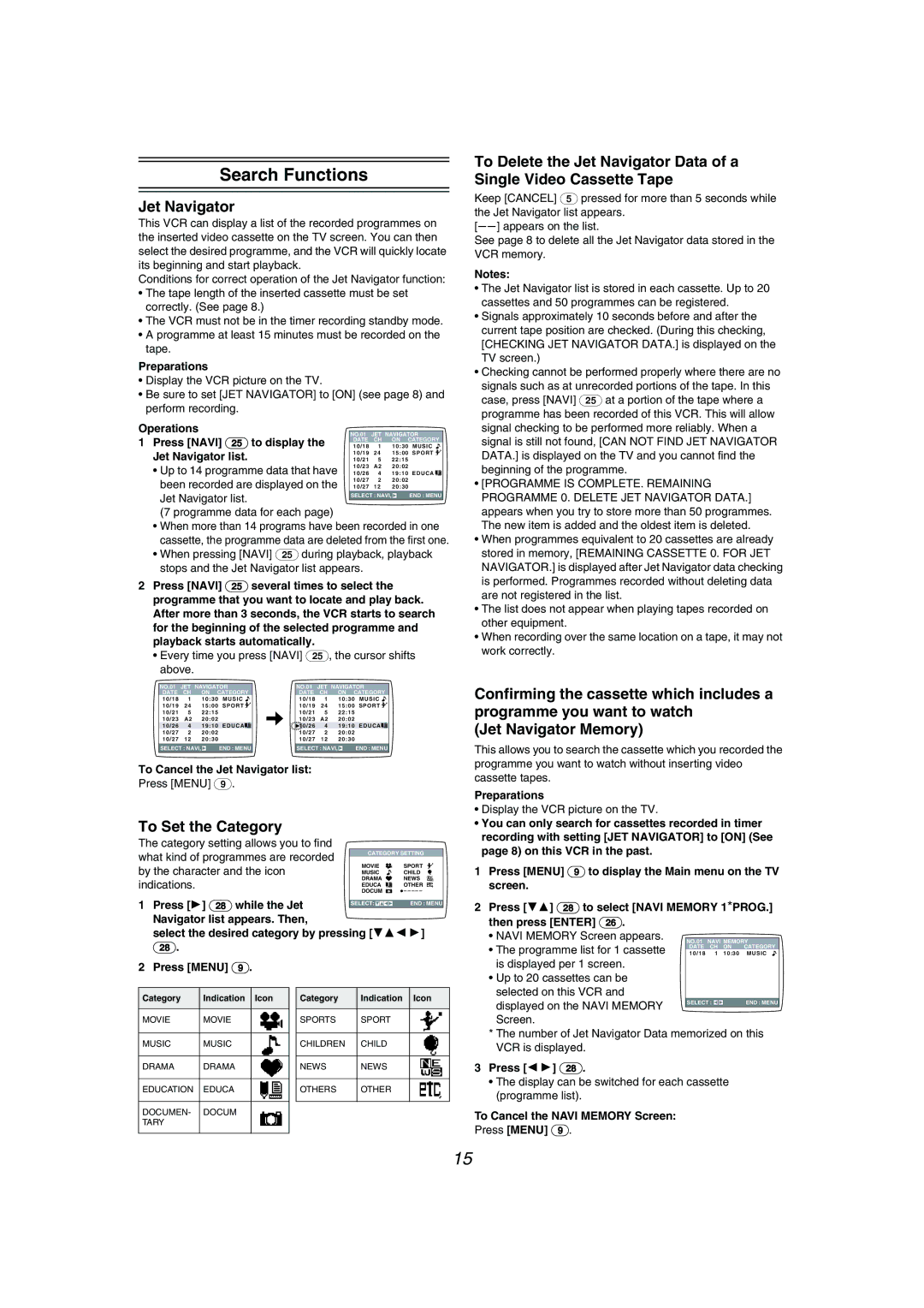 Philips NV-MV41GN operating instructions Search Functions, Jet Navigator, To Set the Category 