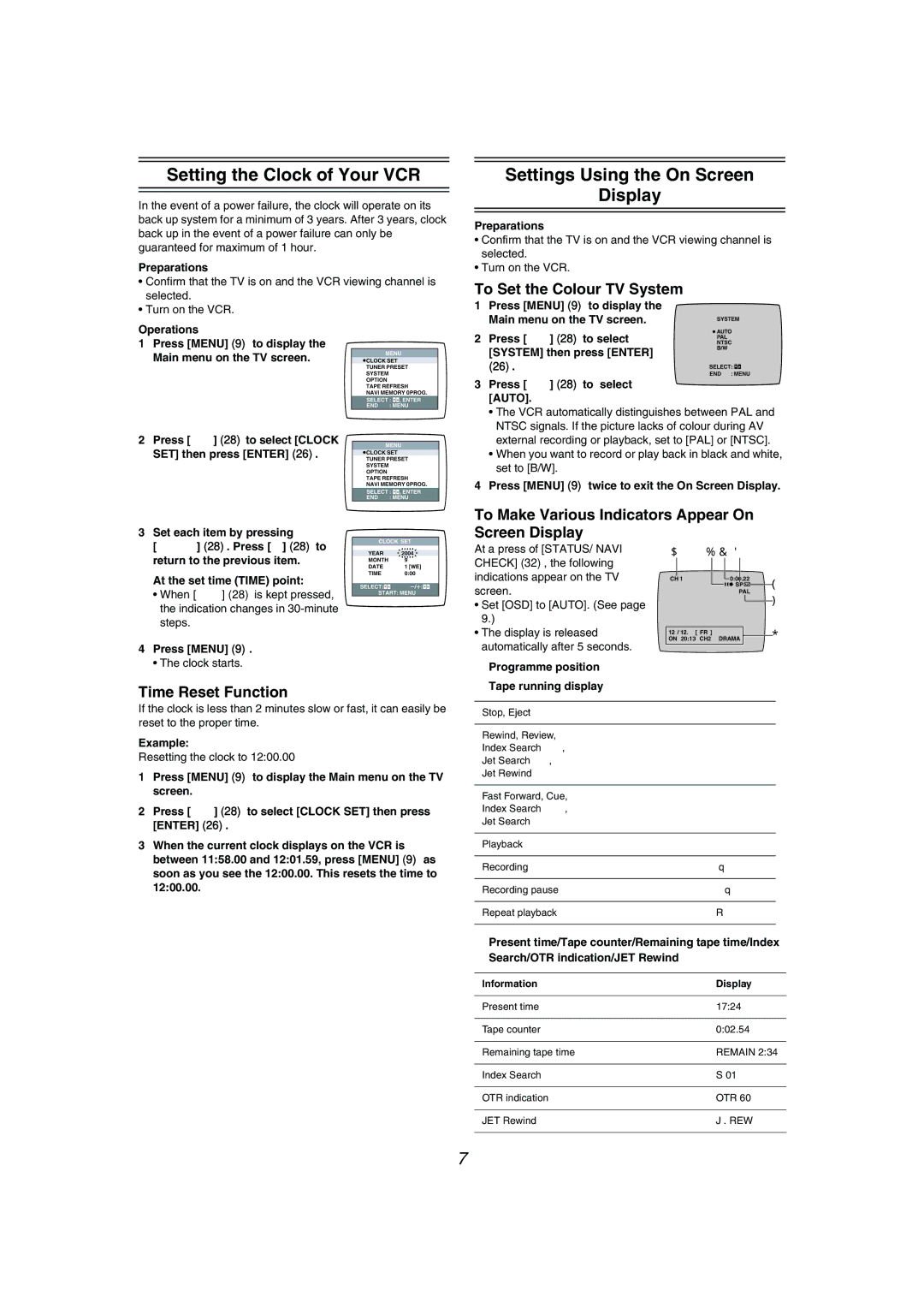 Philips NV-MV41GN Setting the Clock of Your VCR, Settings Using the On Screen Display, To Set the Colour TV System 