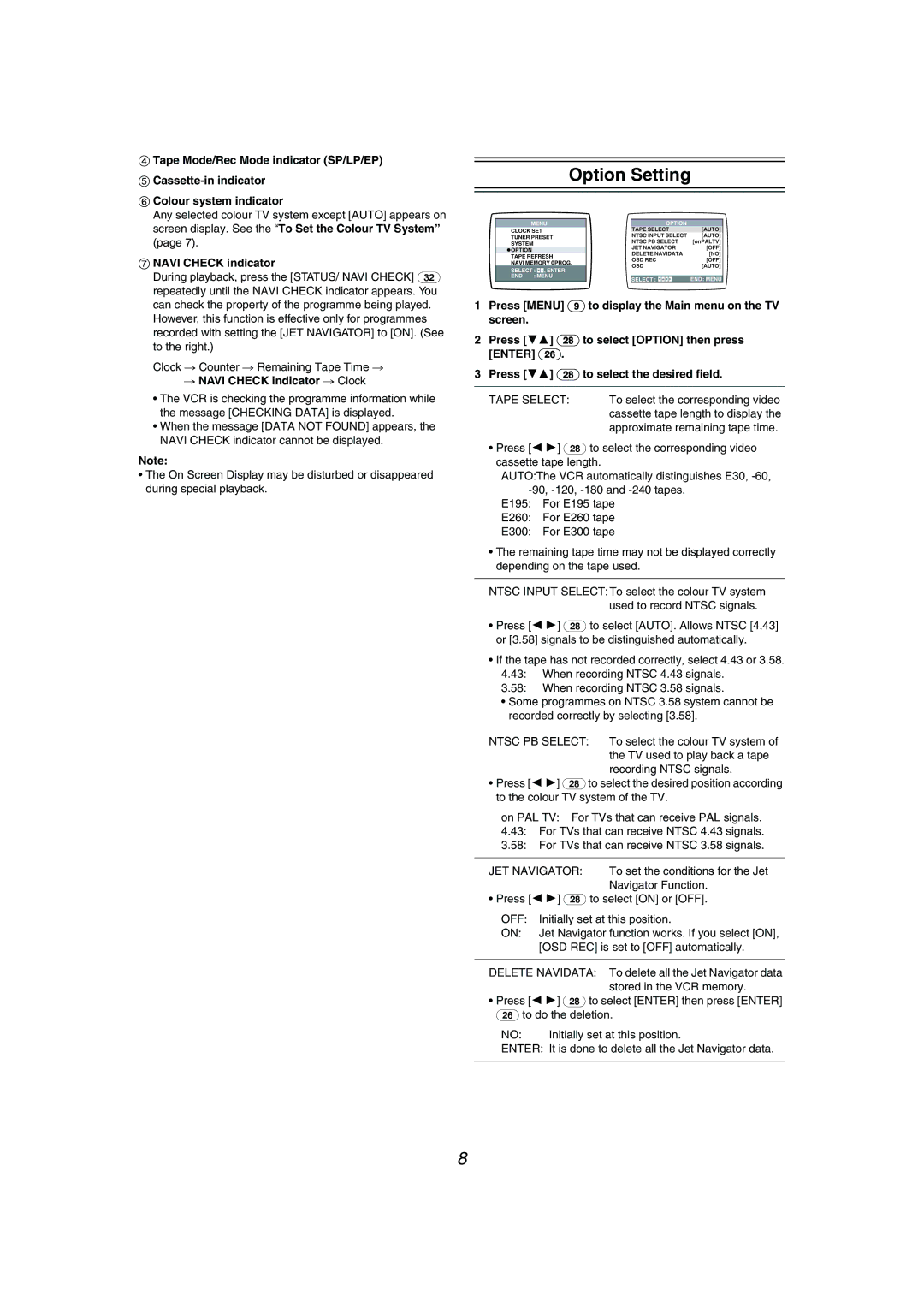 Philips NV-MV41GN operating instructions Option Setting, # Navi Check indicator # Clock 