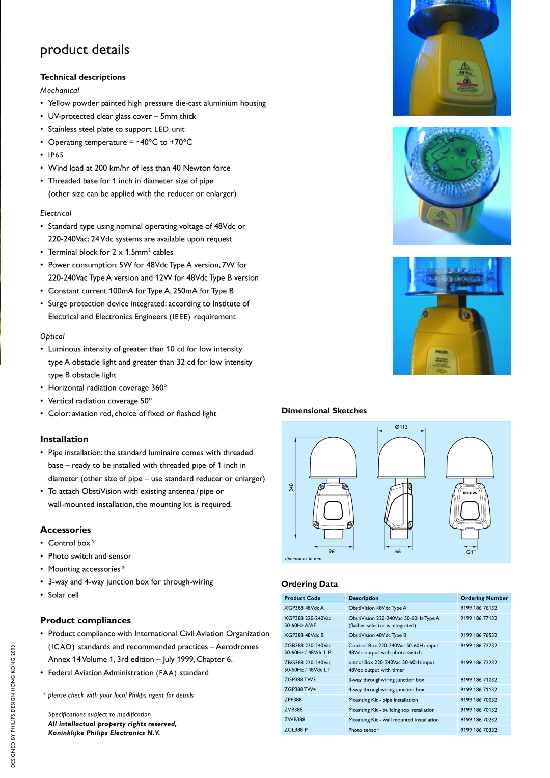 Philips ObstiVision manual Technical descriptions, Dimensional Sketches, Ordering Data 