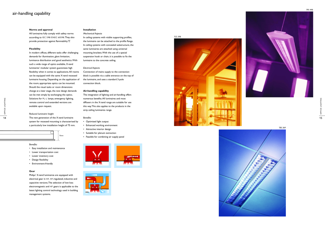 Philips Office Lighting air-handlingcapability, Reduced luminaire height, Mechanical Aspects, Electrical Aspects, Benefits 