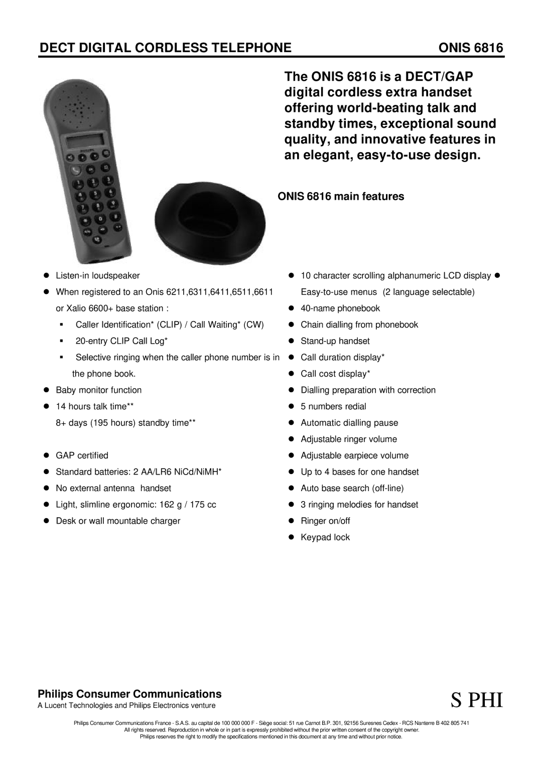 Philips ONIS 6816 specifications Phi, Dect Digital Cordless Telephone, Onis 6816 main features 