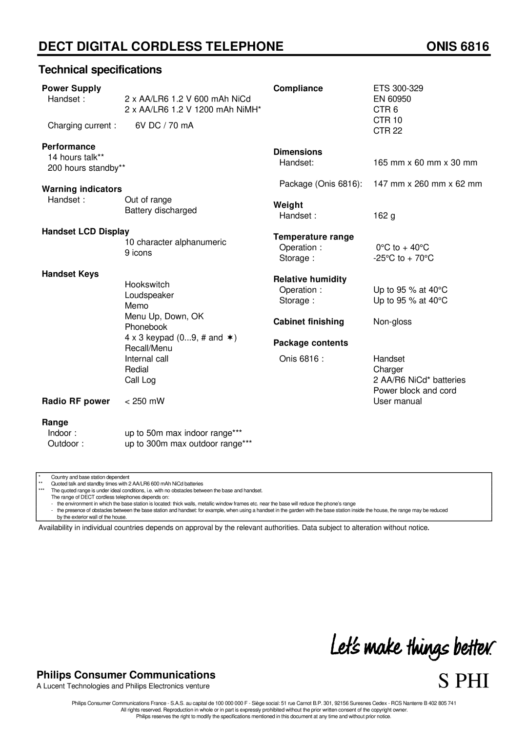 Philips ONIS 6816 Technical specifications 