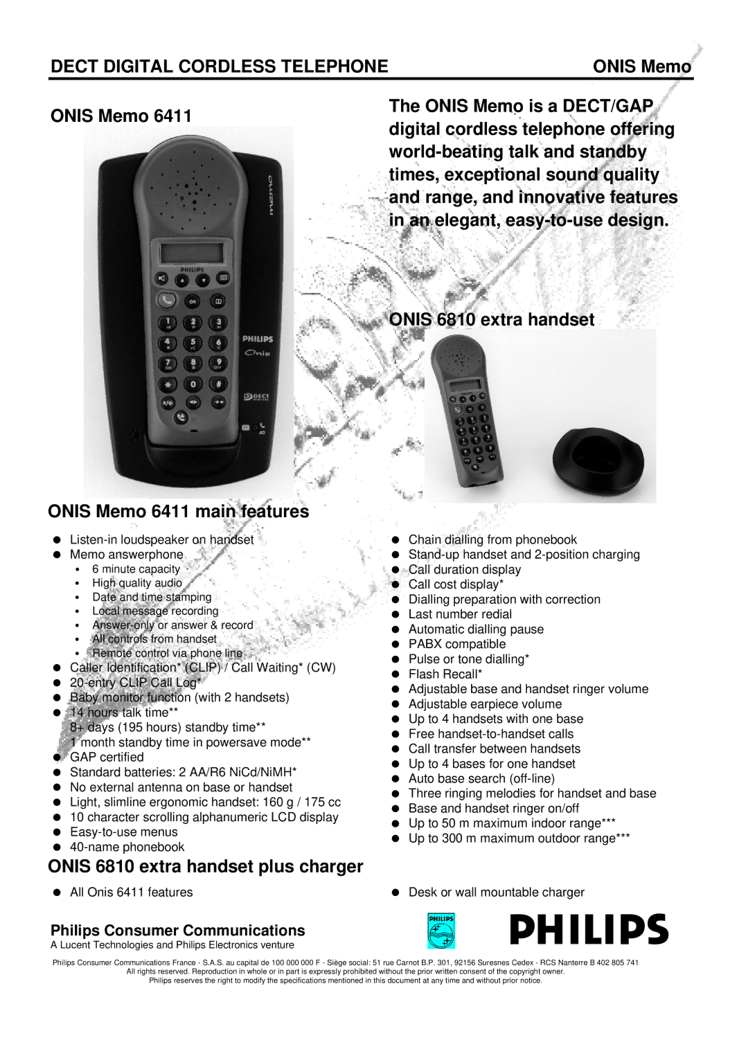 Philips ONIS Memo 6411 specifications Onis Memo Onis Memo 6411 main features, Onis 6810 extra handset plus charger 