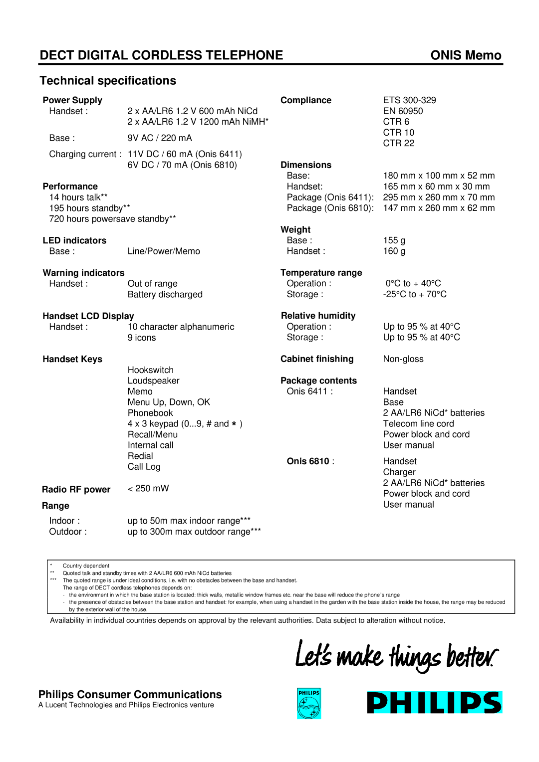 Philips ONIS Memo 6411 Power Supply, Performance 14 hours talk, LED indicators, Handset LCD Display, Handset Keys, Weight 