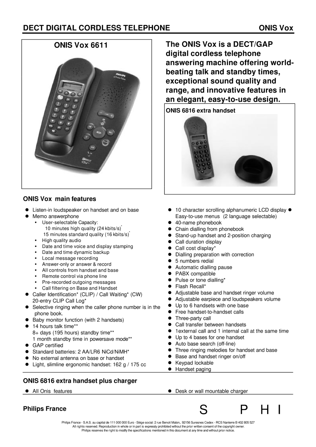 Philips ONIS Vox 6611 specifications Phi, Dect Digital Cordless Telephone, Onis 6816 extra handset 