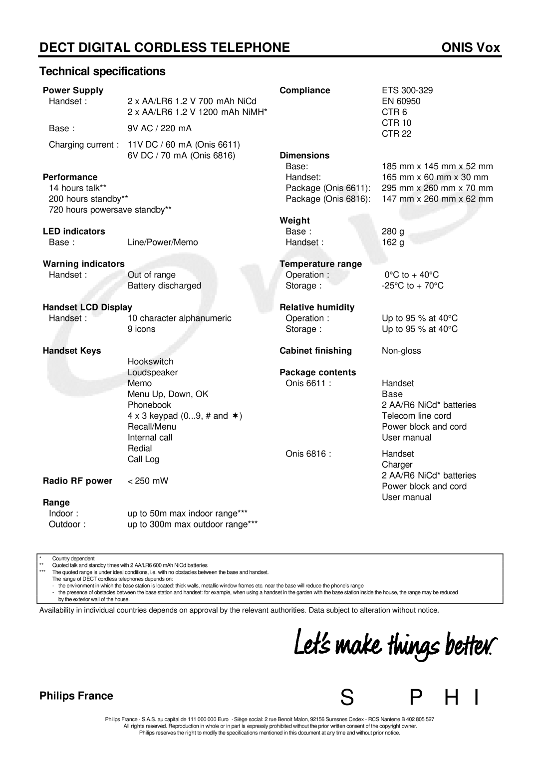 Philips ONIS Vox 6611 Technical specifications 