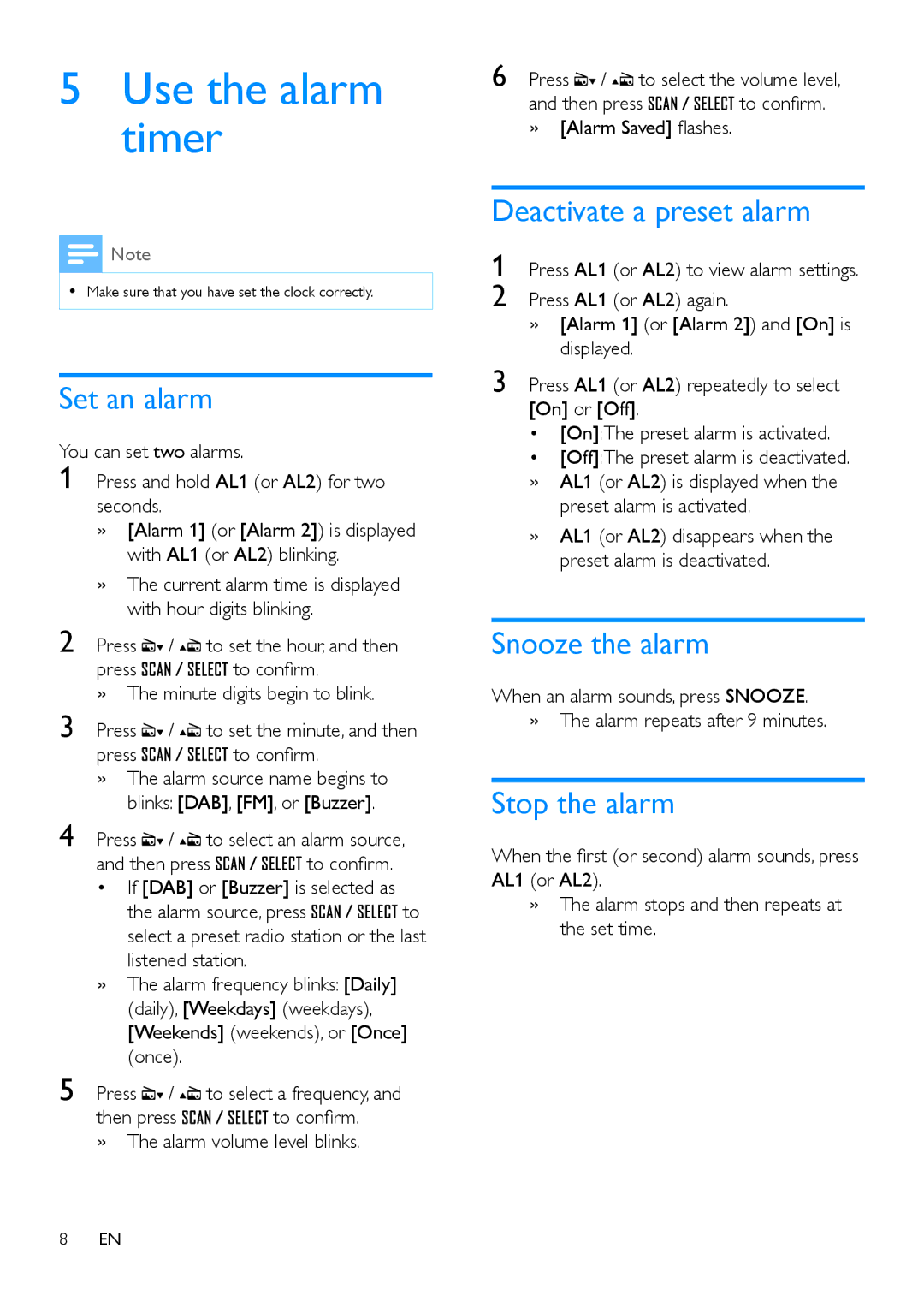 Philips OR2200 user manual Use the alarm timer, Set an alarm, Deactivate a preset alarm, Snooze the alarm, Stop the alarm 