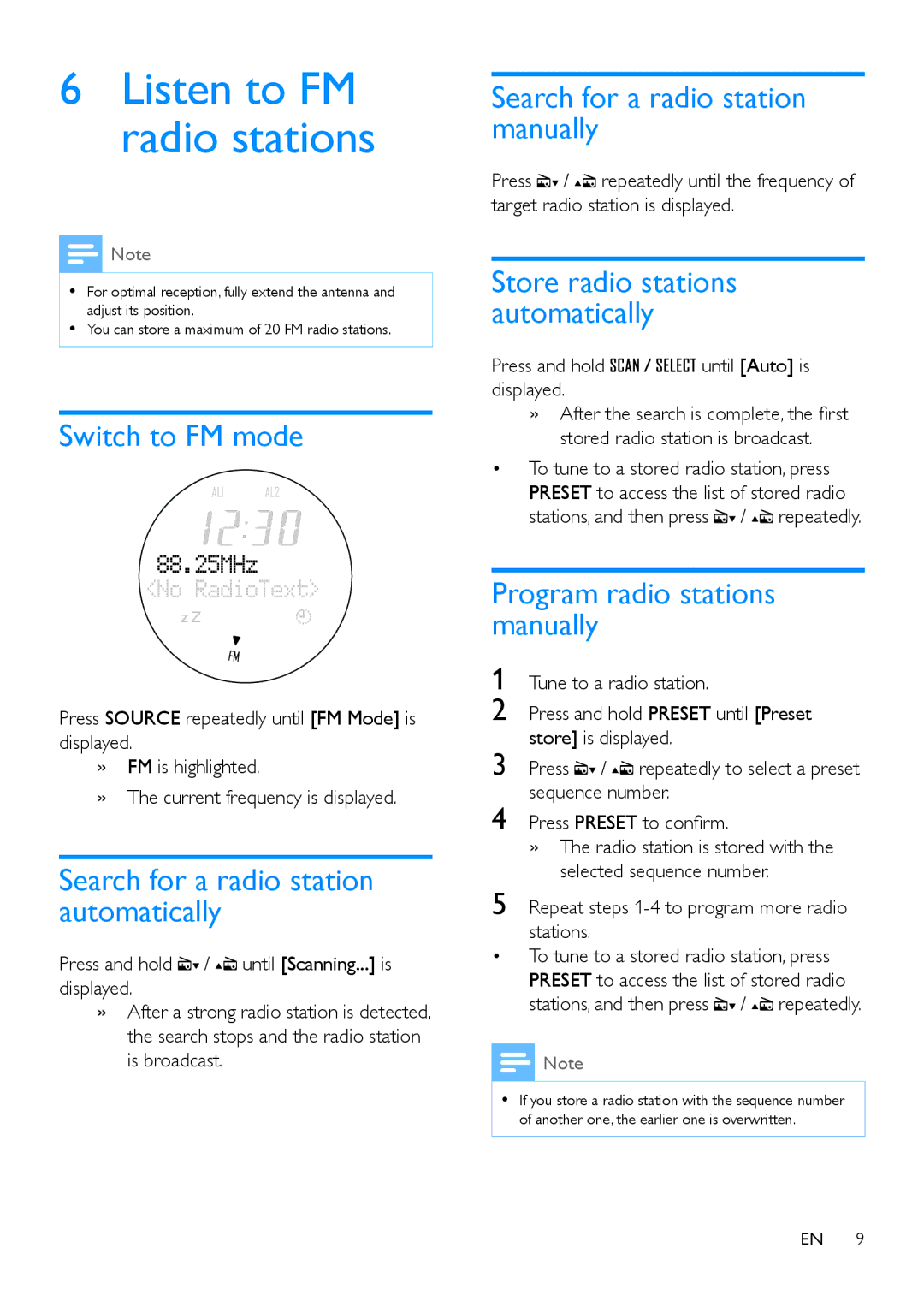 Philips OR2200 user manual Listen to FM radio stations, Switch to FM mode, Search for a radio station automatically 