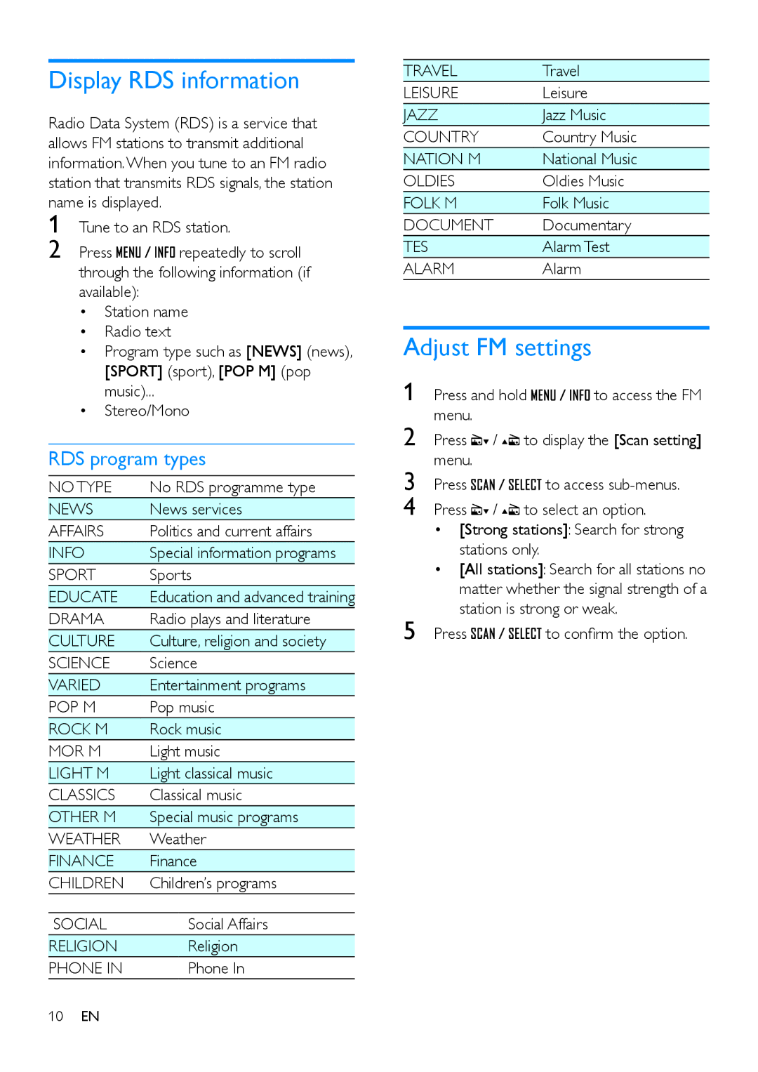 Philips OR2200 user manual Display RDS information, Adjust FM settings, RDS program types 