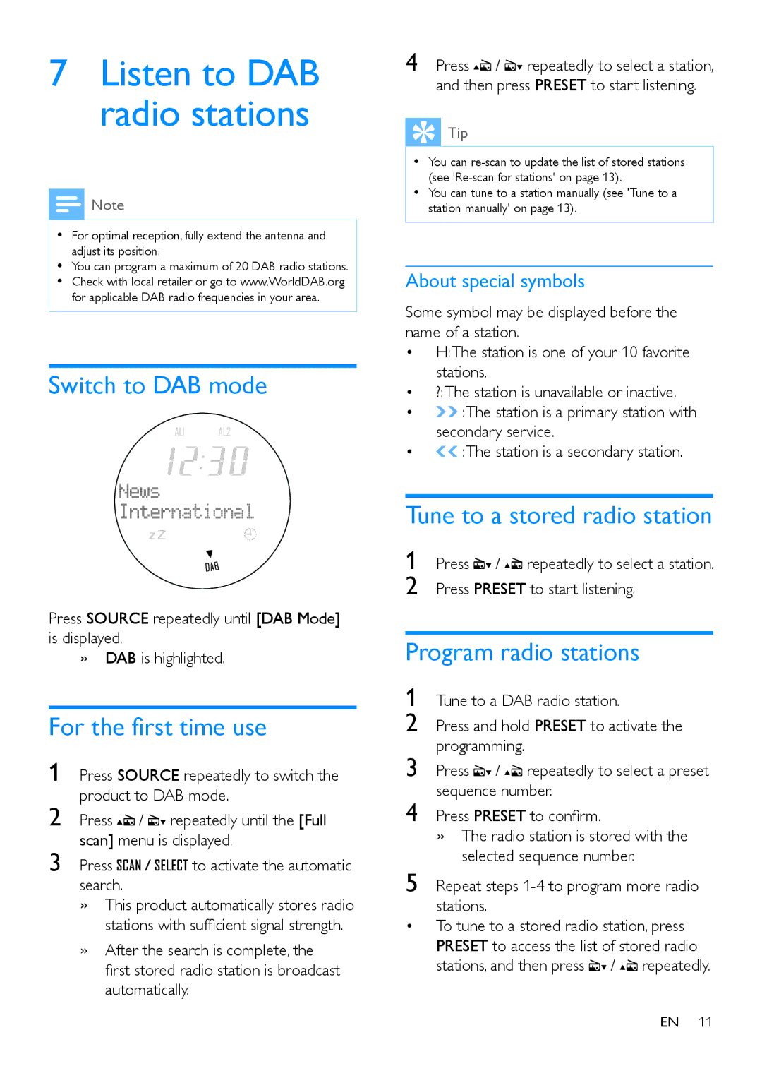 Philips OR2200 Listen to DAB radio stations, Switch to DAB mode, For the first time use, Tune to a stored radio station 