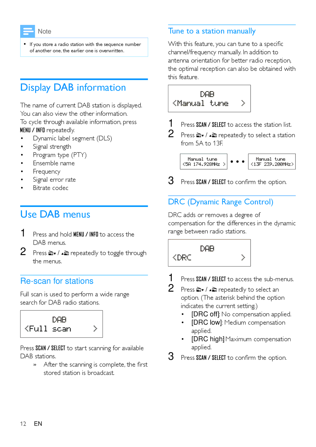 Philips OR2200 user manual Display DAB information, Use DAB menus, Re-scan for stations, Tune to a station manually 