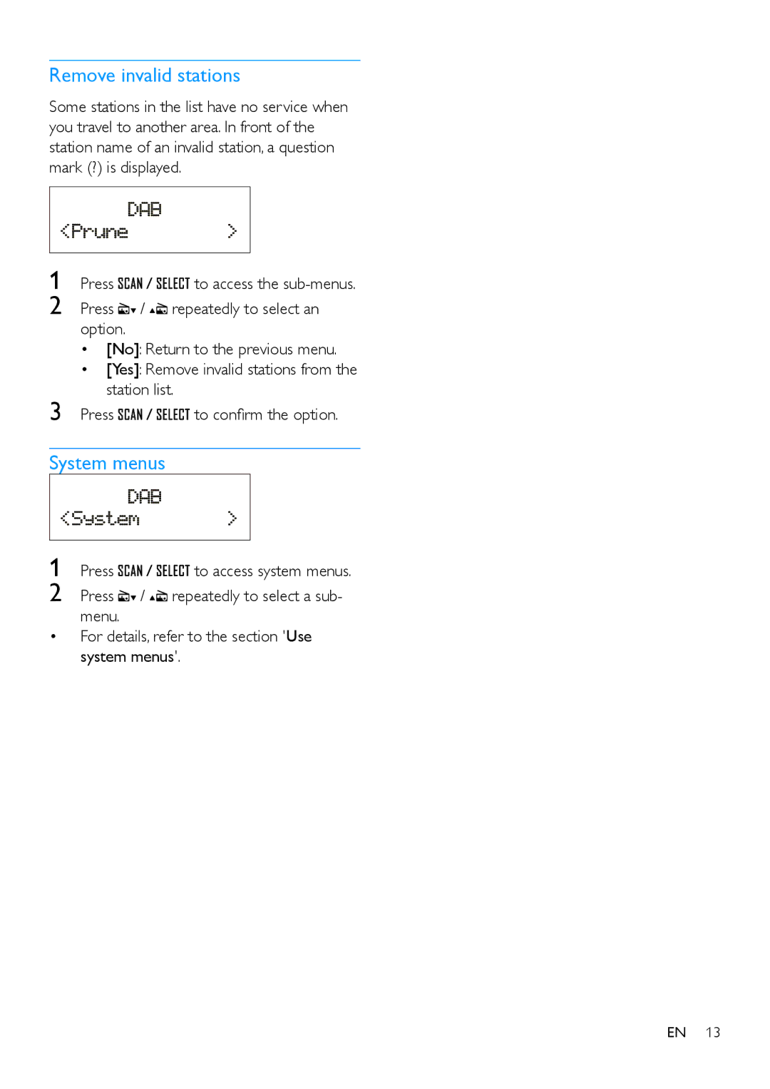 Philips OR2200 user manual Remove invalid stations, System menus 