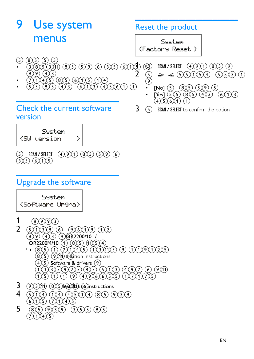 Philips OR2200 user manual Use system menus, Check the current software version, Upgrade the software, Reset the product 