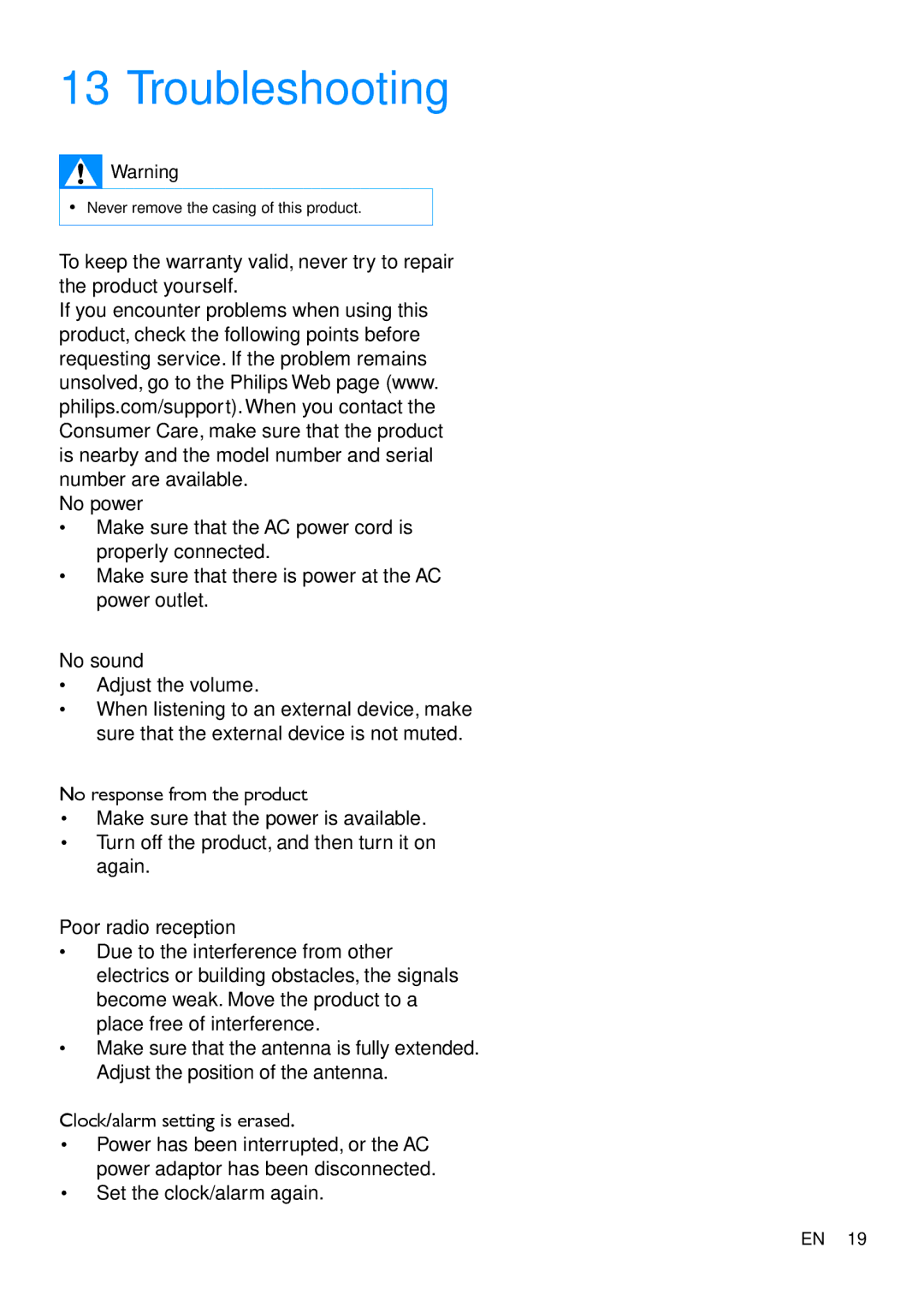 Philips OR2200 user manual Troubleshooting, Clock/alarm setting is erased, Set the clock/alarm again 