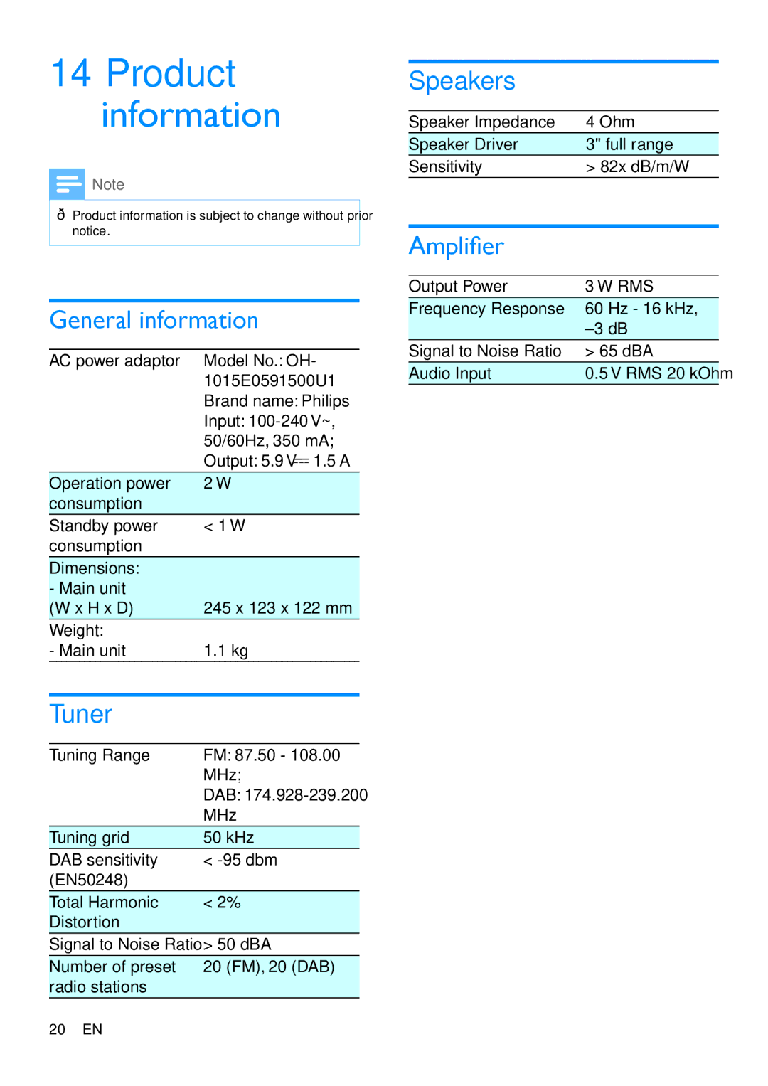 Philips OR2200 user manual Product information, General information, Tuner, Speakers, Amplifier 