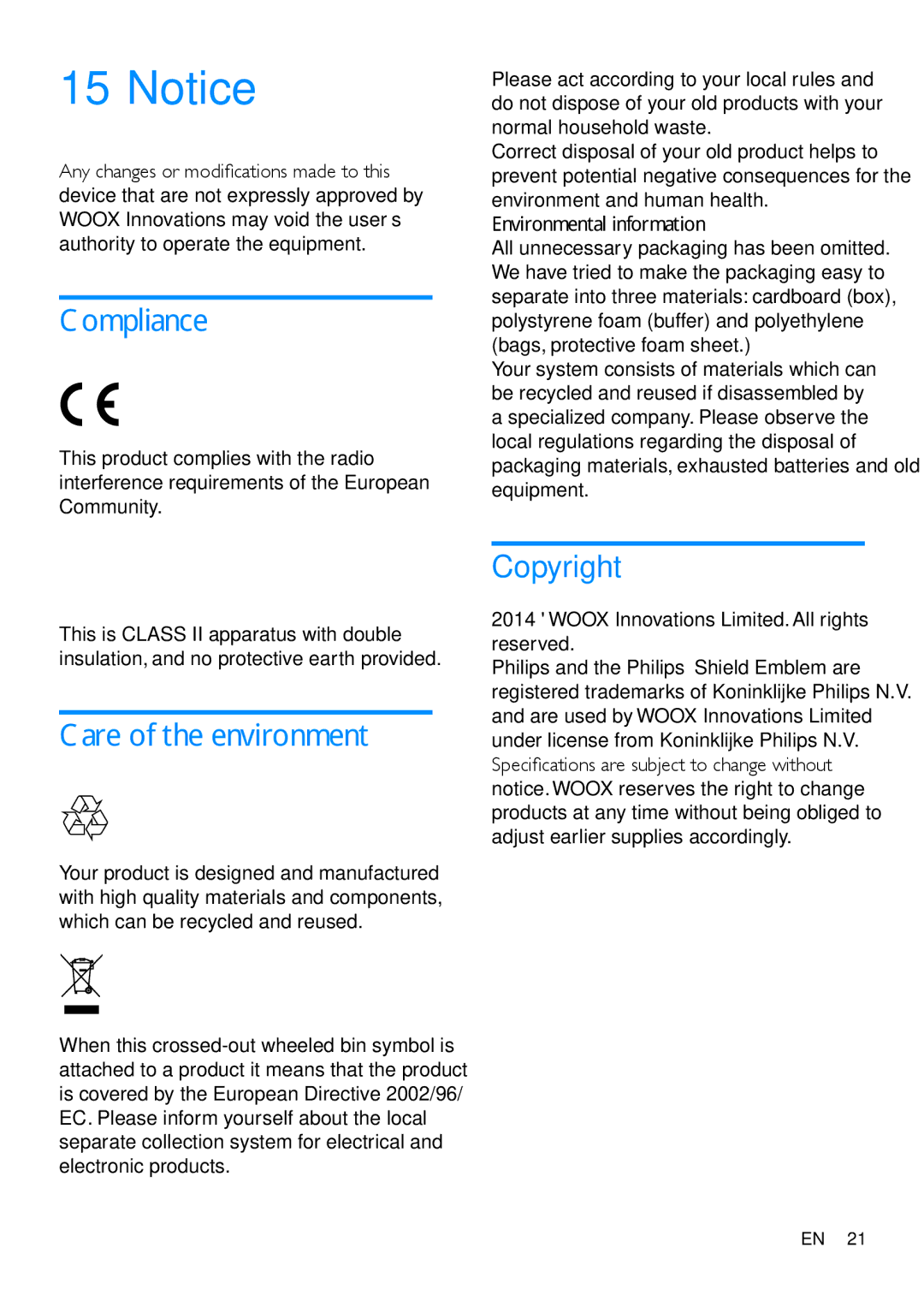 Philips OR2200 user manual Compliance, Care of the environment, Copyright, Environmental information 