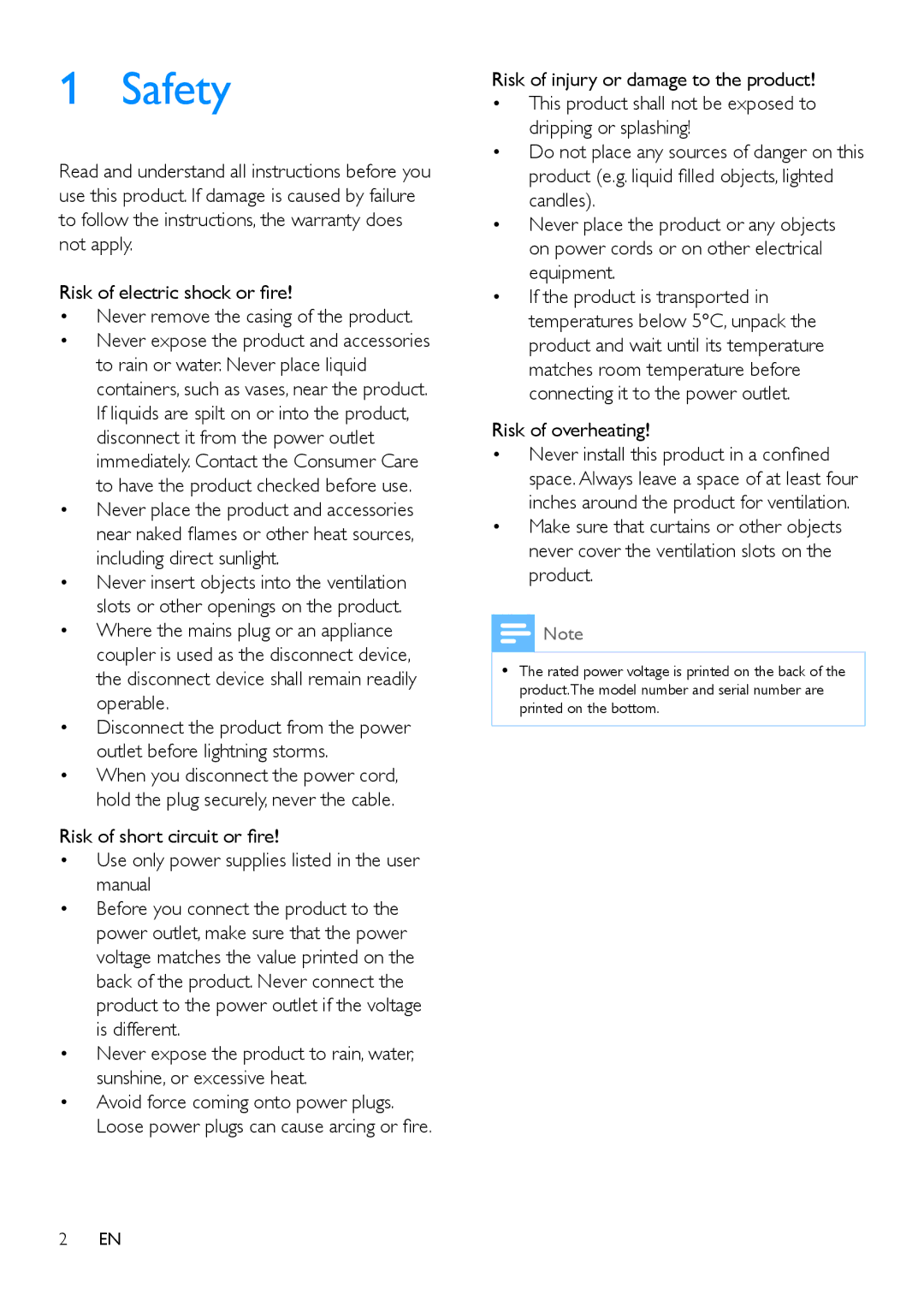 Philips OR2200 user manual Safety, Risk of overheating 