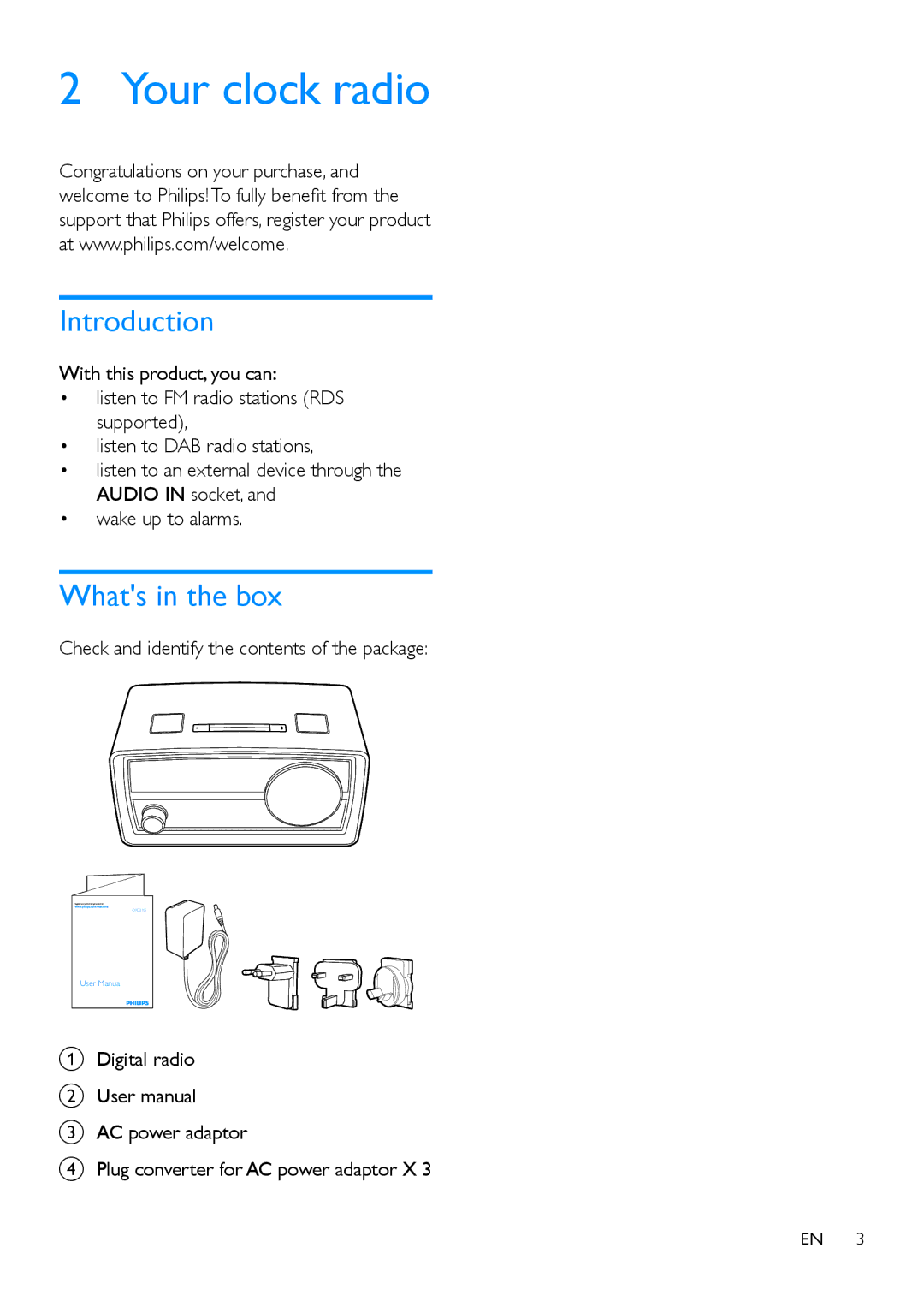 Philips OR2200 user manual Your clock radio, Introduction, Whats in the box, Check and identify the contents of the package 